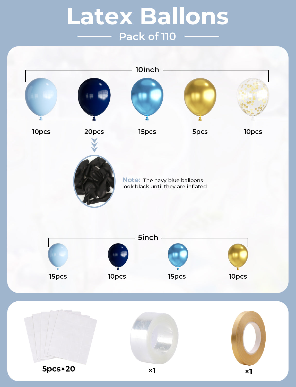 Haolongfa Navy Blue and Gold Balloons Garland Arch Kit,110 pcs Navy Blue Metallic Blue Gold Confetti Balloons for Graduation Birthday Baby Shower Anniversary Wedding Celebration Party Decoration