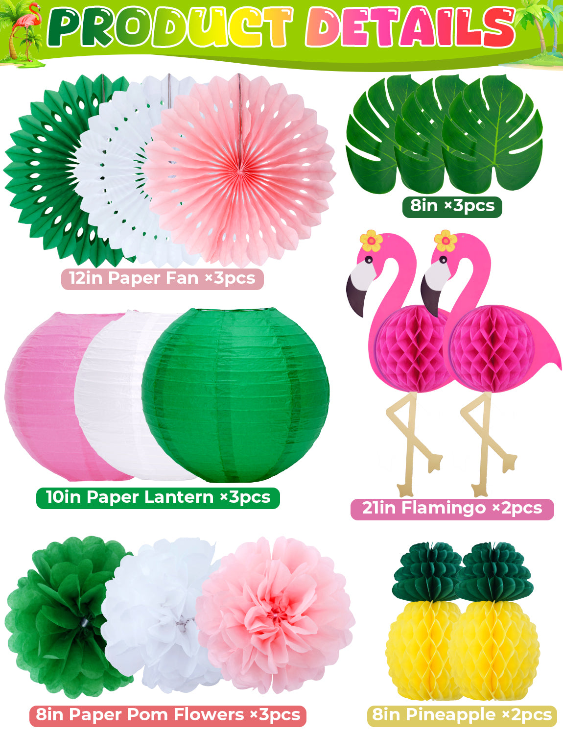 Flamingo Party Decorations, 16 Pcs Hawaiian Party Hanging Decor, Pink Flamingo and Pineapple Honeycomb Balls, Palm Leaves, Paper Fans, Paper Lanterns, Poms Flowers,for Summer Luau Tropical Beach Party