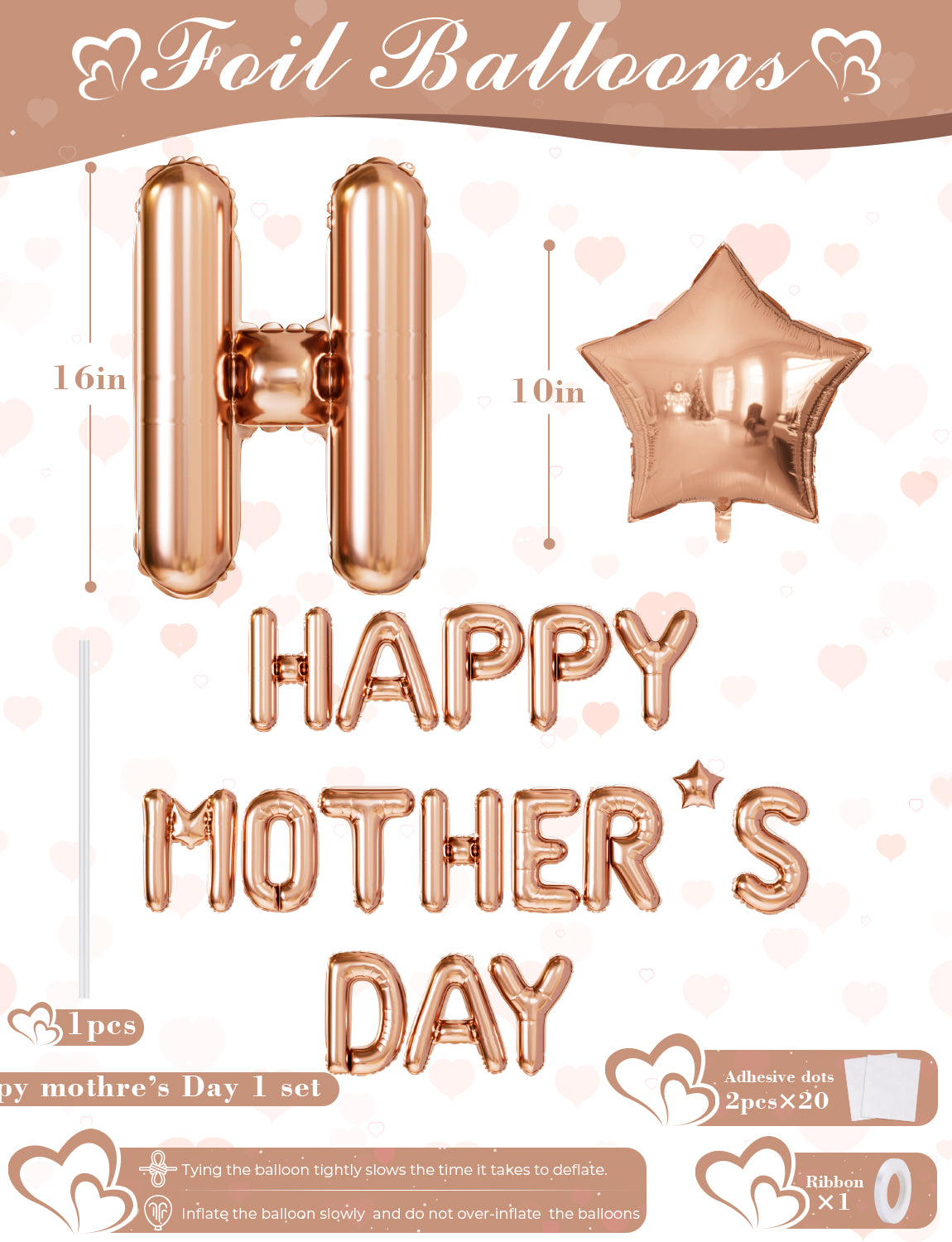 Happy Mothers Day Balloons Banner, Rose Gold Mothers Day Foil Balloons, 16 Inch Happy Mother's Day Letter Balloon with Star, Mylar Balloon for Mother's Party Supplies, Gifts for Mom