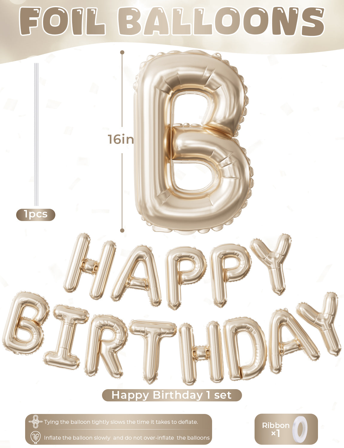 Champagne Gold Happy Birthday Balloon Banner, 16-Inch Foil Letter Balloons, Elegant Birthday Decorations for Women Girls, Adult Birthday Party Photo Backdrop