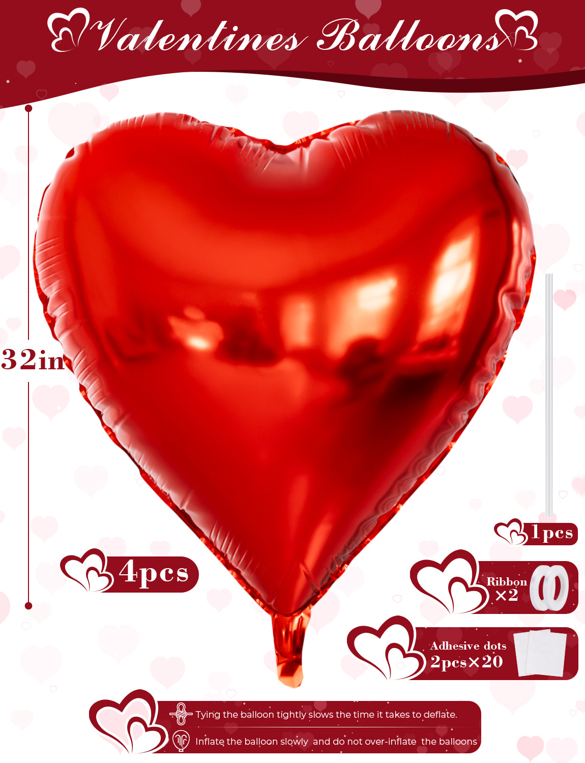 Haolongfa 32 Inch Red Heart Balloons, 4 Pcs Valentines Balloons, Large Red Heart Foil Balloons, Romantic Heart Shaped Balloons, Mylar Balloons for Valentine's Day Wedding Engagement Party Decorations