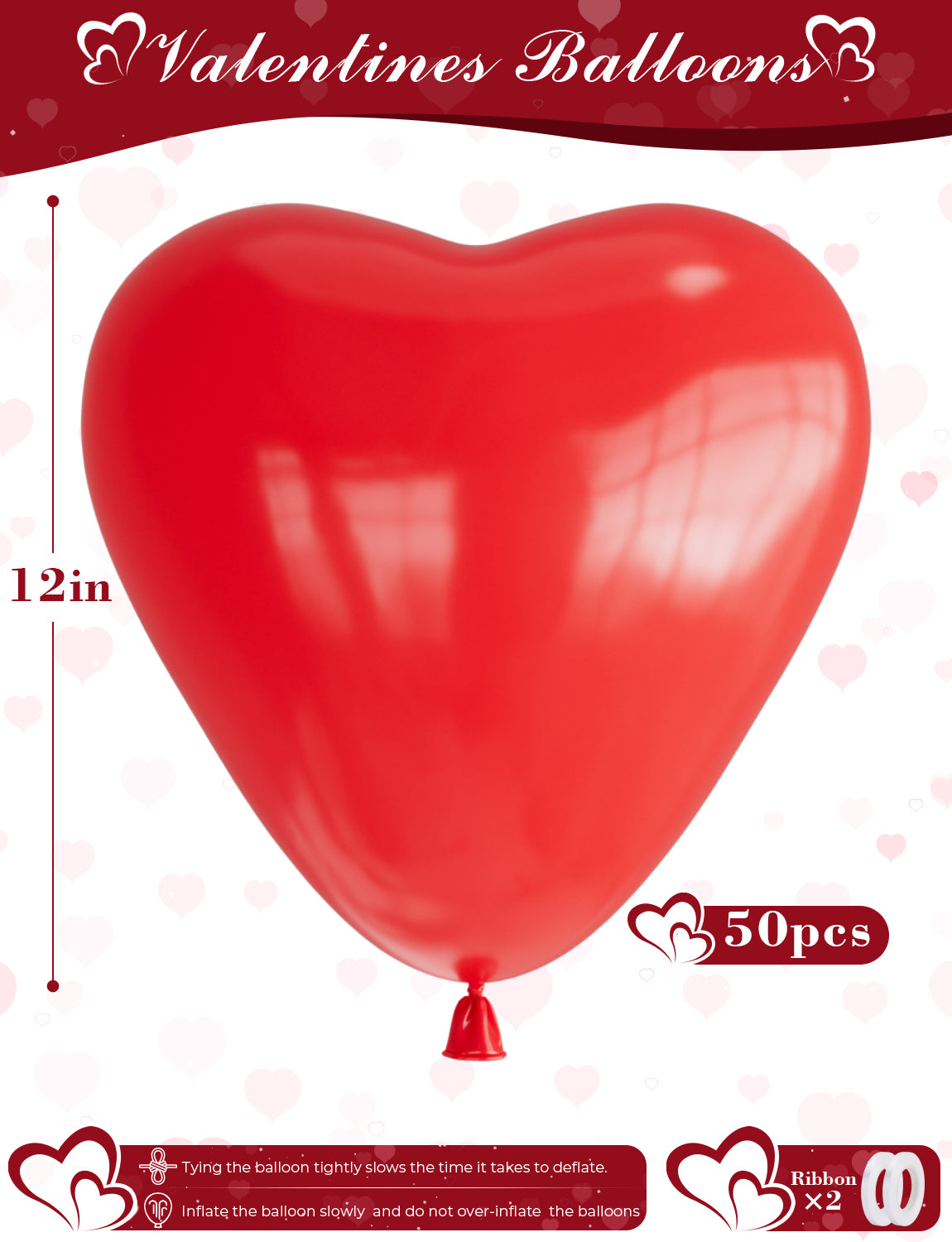 Haolongfa Red Heart Balloons, 50 Pcs 12 Inch Heart Shaped Balloons, Red Latex Balloon, Romantic Valentines Balloons for Birthday Party Wedding Engagement Party Baby Shower Valentine Day Decorations