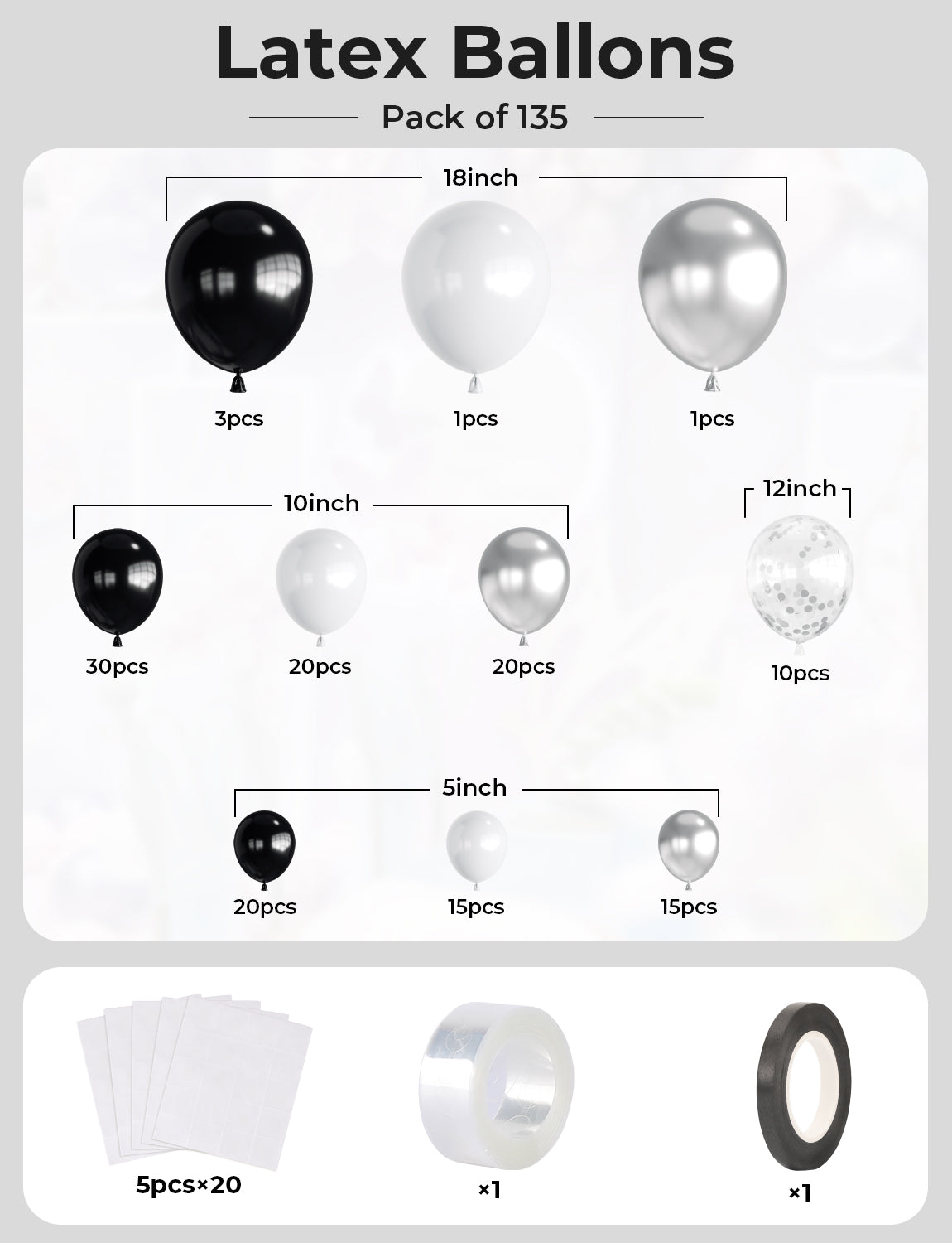 Haolongfa Black and Silver Balloons Garland Arch Kit,135pcs 18/12/10/5 Inch Black White Silver Confetti Latex Balloons for Graduation Birthday father's day balloons Anniversary Wedding Party