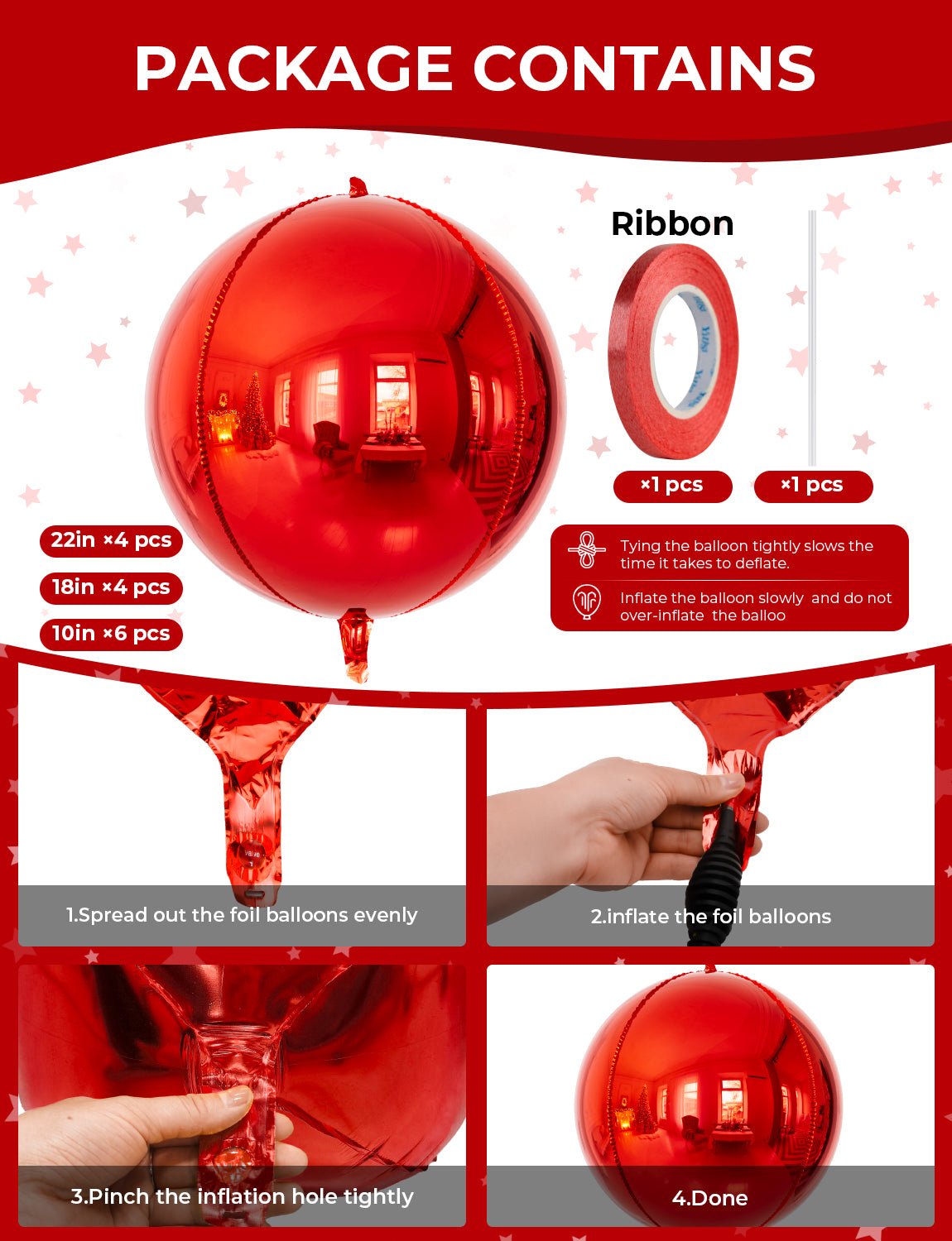 Haolongfa 14PCS Red Foil Balloons Set - 22/18/10 Inch 4D Round Metallic Red Mylar Balloons for Birthdays, Weddings, Valentines, Graduation Party Decorations