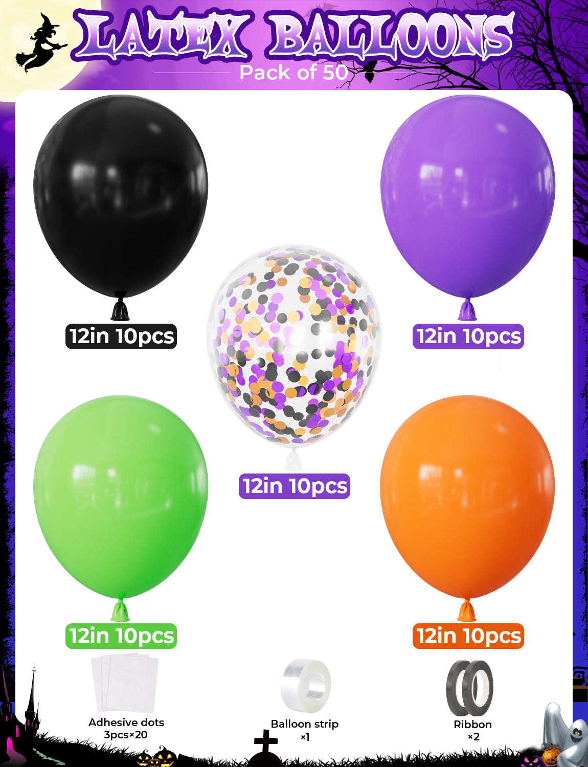 Halloween Balloons, 50 Pcs 12 Inch Black Orange Green Purple Confetti Latex Balloons, for Kids Birthday, Haunted House, Spooky Theme, Halloween Party Decorations