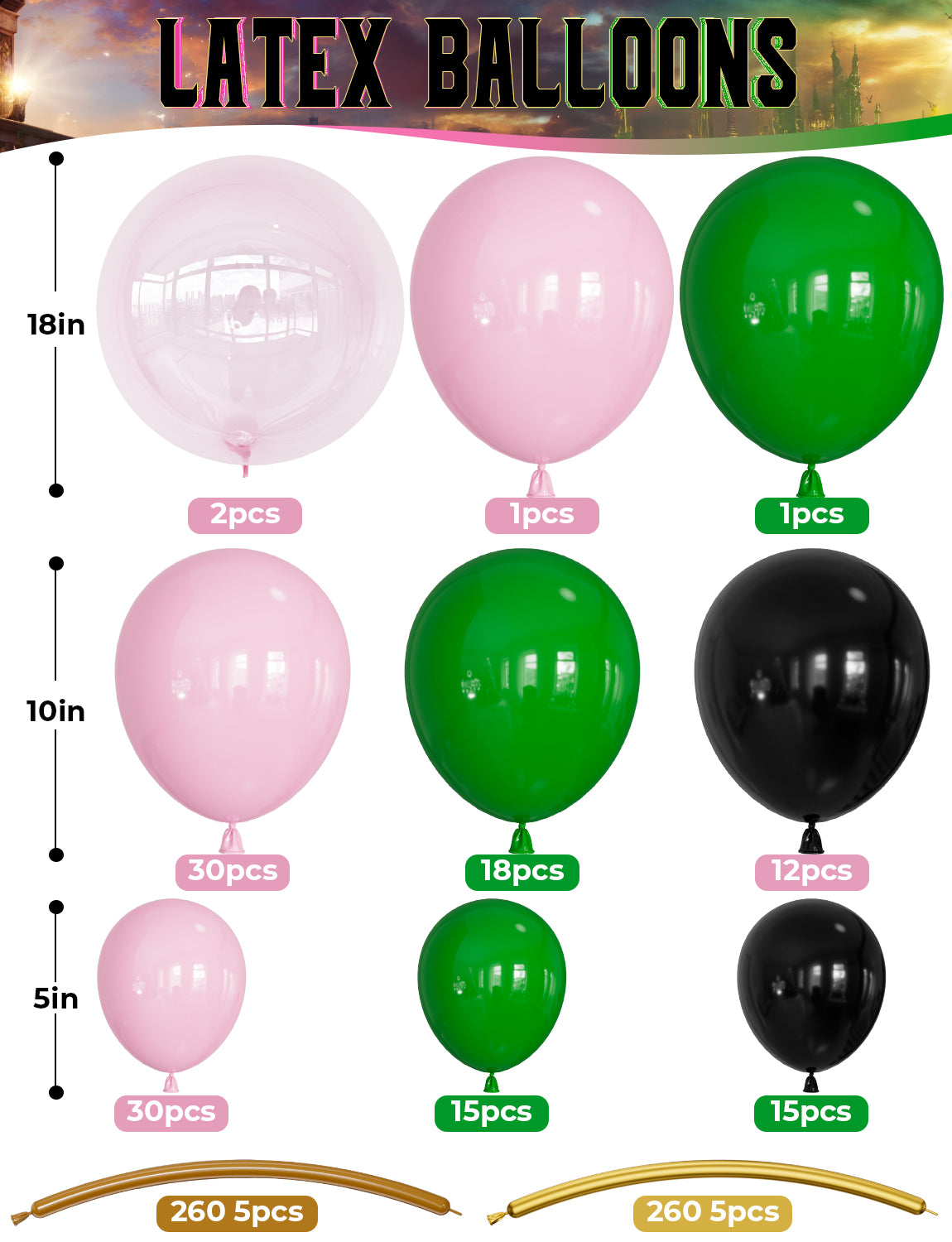 Haolongfa Wicked Balloons Set - 12 Inch Pink Green and Black Balloons with Spellbinding Witch Prints, Latex Halloween Balloon for Birthday, Cosplay, Magic Party, Theater, Kids Witch Themed Party