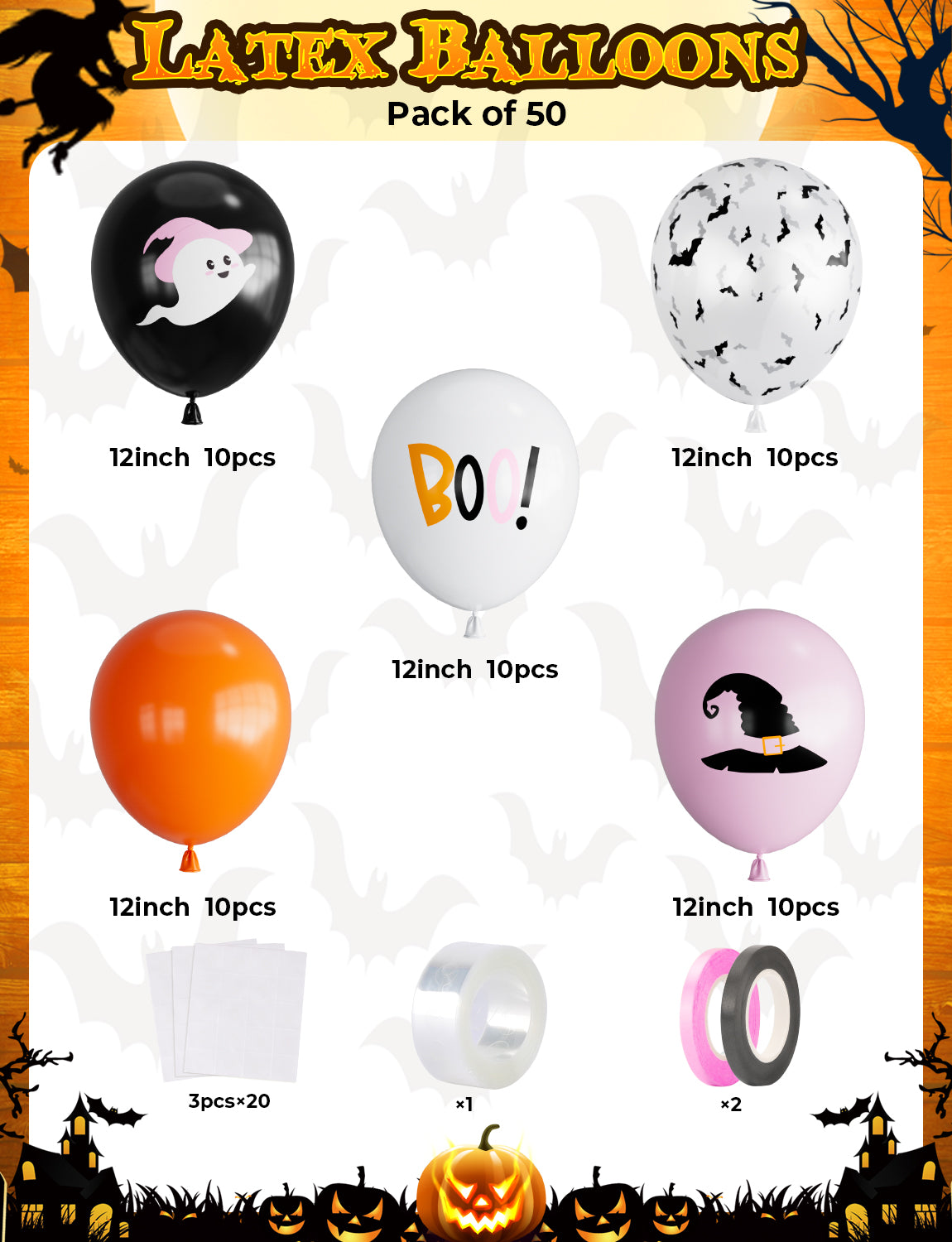 Haolongfa Pink and Black Balloons,12 Inch Halloween Balloons,Pink,Black,Orange,White Balloons,Hey Boo Balloons with Cute Ghost,Wizard Hat,Bat Design for Halloween Party Decorations,Birthday,Baby Shower-50Pcs