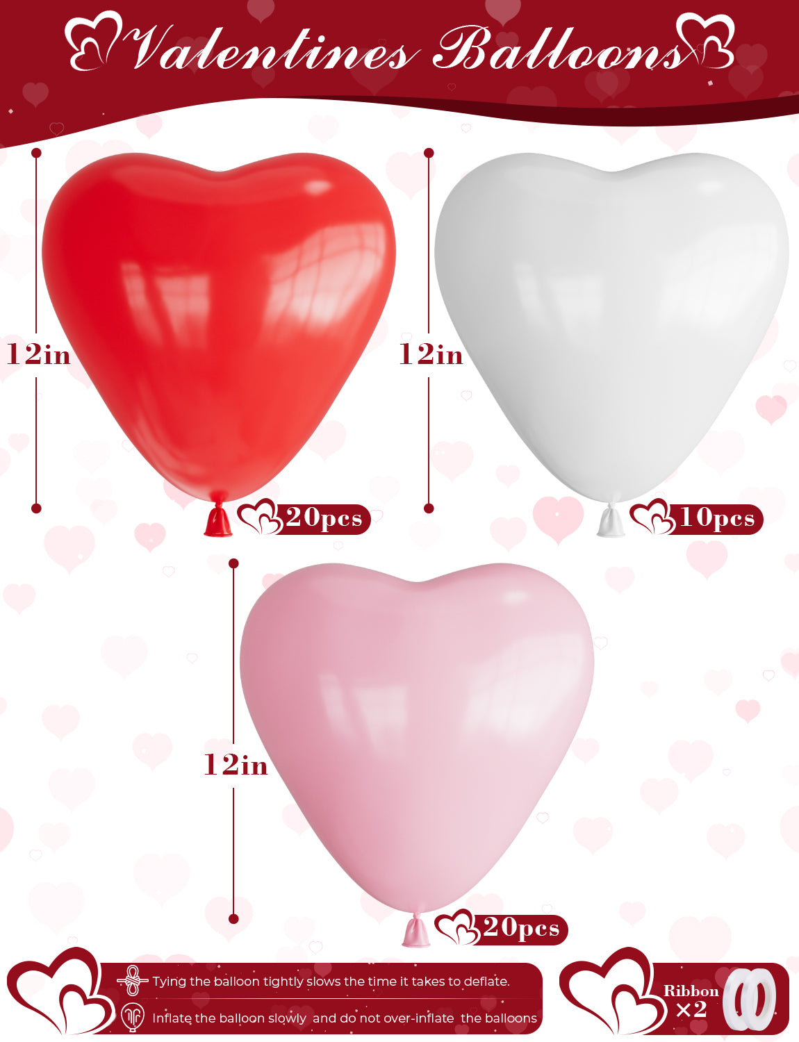 50 Pcs Heart Shaped Balloons, 12 Inch Latex Balloons, Romantic Valentine Balloons Kit, Red and Pink Balloons with Heart White Balloons, for Wedding Anniversary Engagement Valentines Day Decor