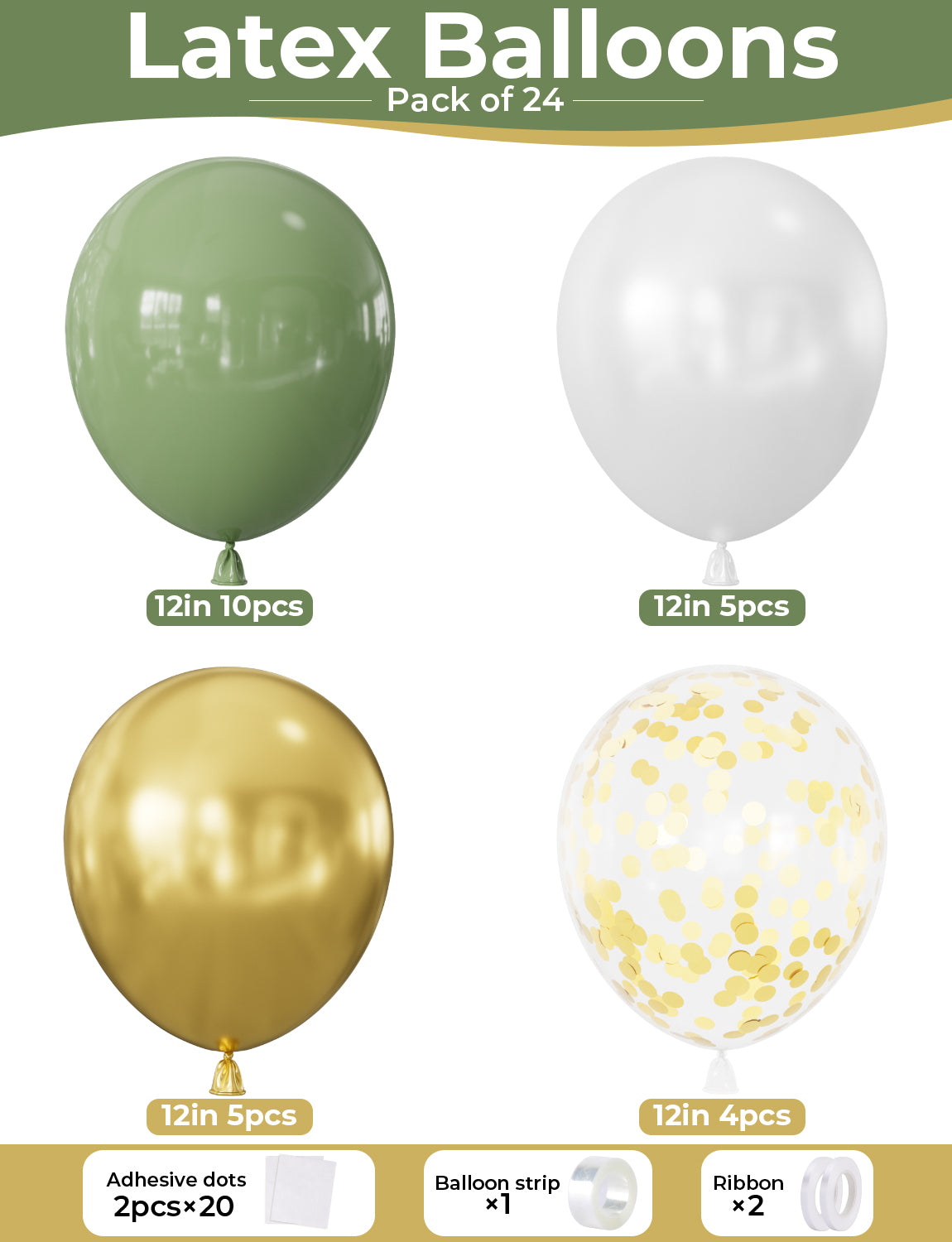 Sage Green and Gold Balloons, 24pcs 12 Inch Sage Green White Metallic Gold Confetti Latex Balloons for Baby Shower Birthday Wedding Bridal Shower Engagement Party Decorations