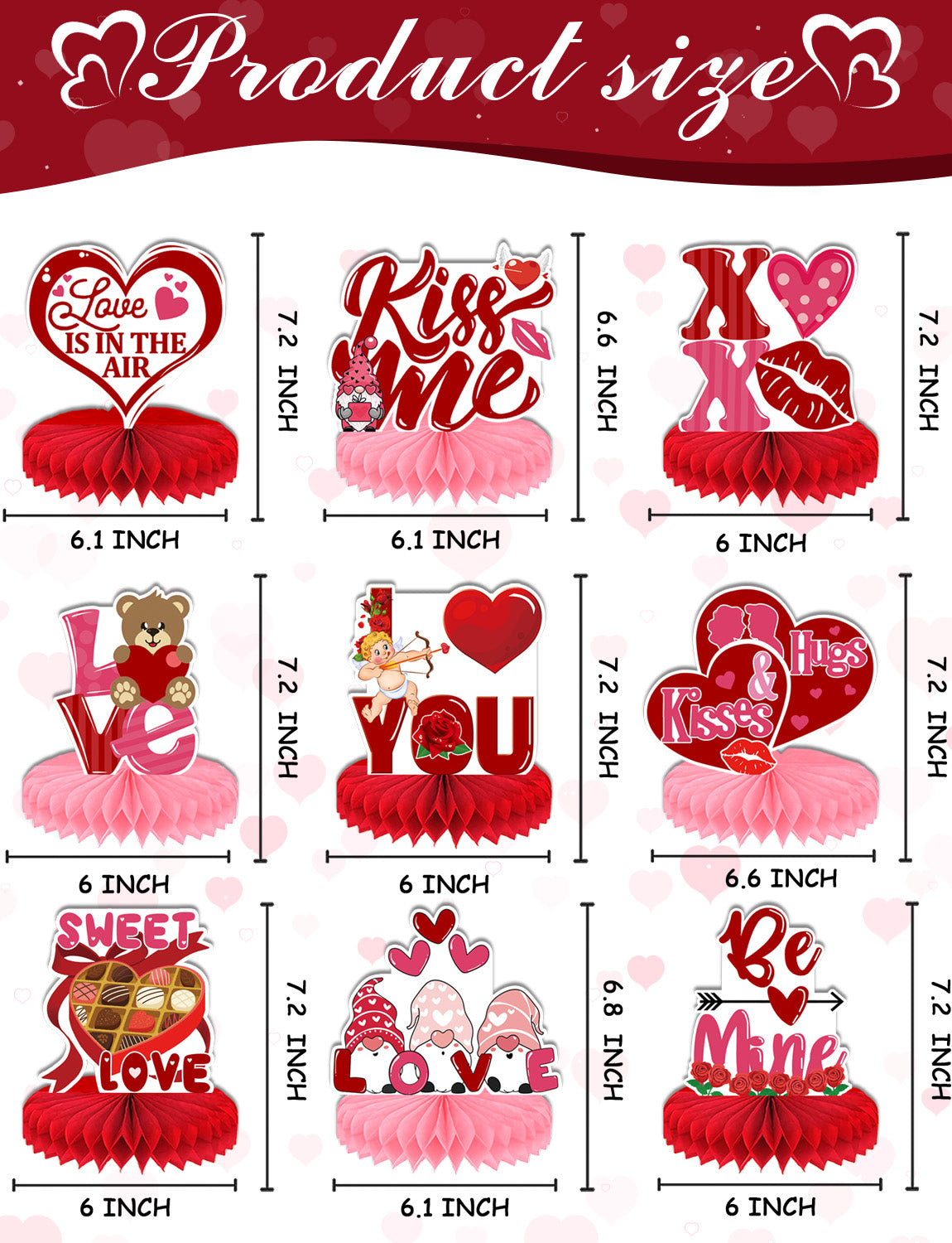 Haolongfa Valentines Day Table Decorations, 9 Pcs Valentines Centerpieces for Tables, Bear Heart Valentine Honeycomb Centerpieces Red Pink Valentine Table Centerpiece for Valentines Day Decorations