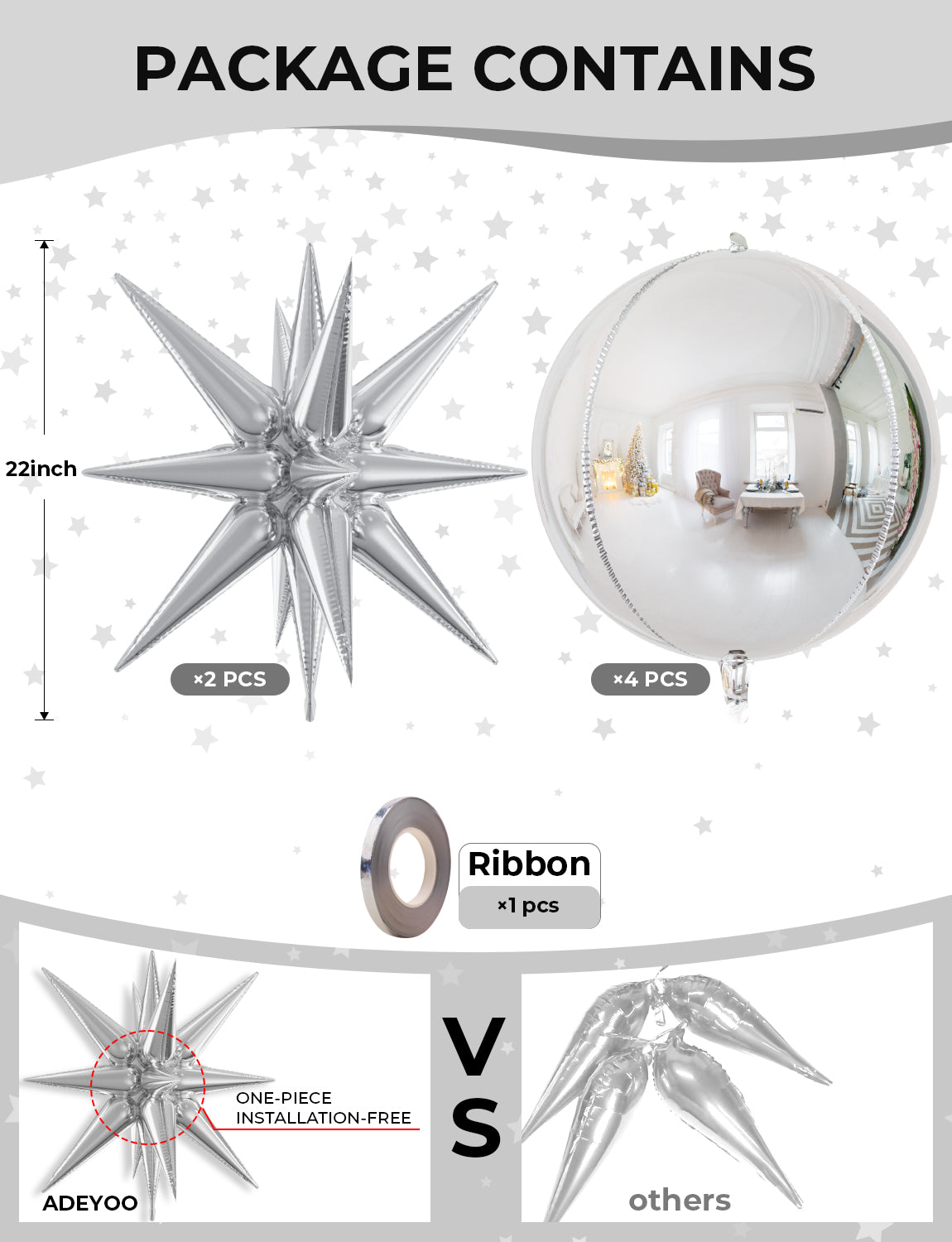 Haolongfa Silver Foil Balloons-22 Inch,4D Round Silver Mylar Balloons, Explosion Star Balloons, Metallic Silver Balloons for Birthday Party, Christmas Party Decor, Happy New Year Decor 6 Pcs