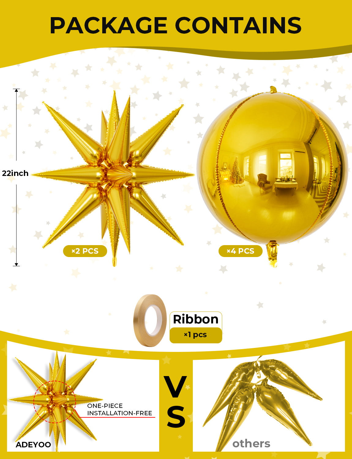 Haolongfa Large Gold Foil Balloons 22 Inch, Big Gold Mylar Balloons Set For Gold Party Decorations,Unique Starburst Balloons, for 70s 80s 90s Theme Disco Party Supplies,Gold New Years Eve Party 6 PCS