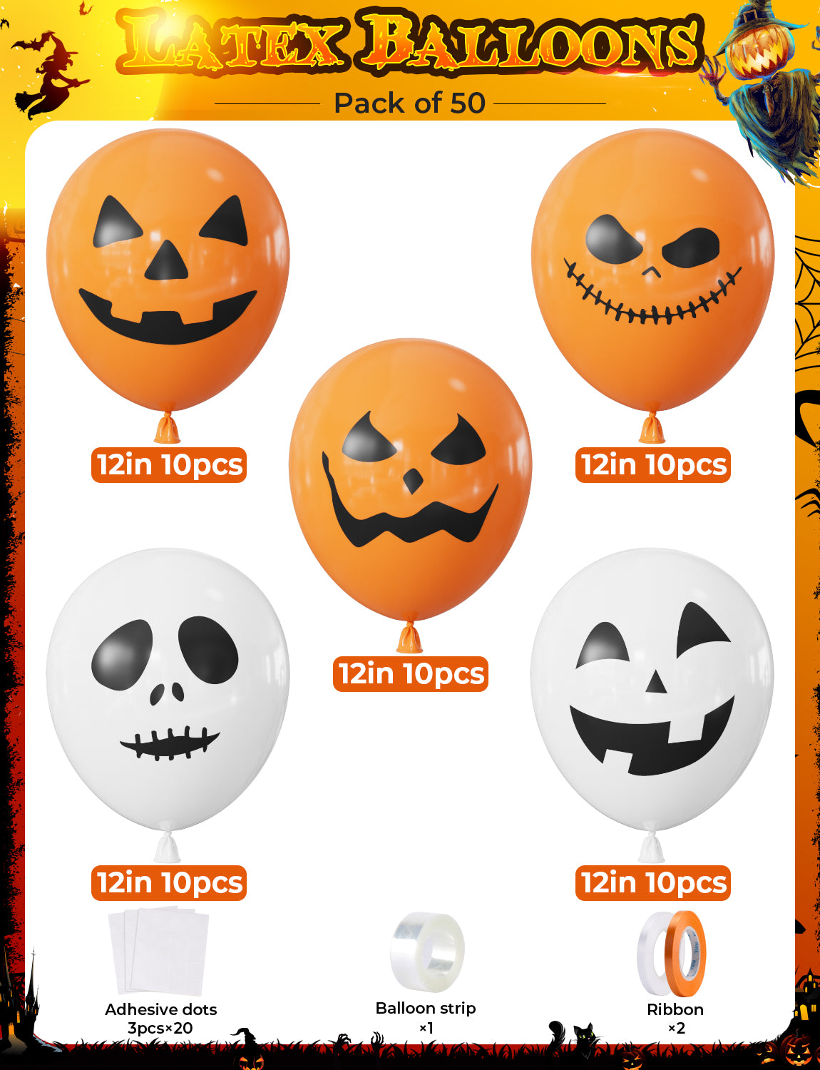 Halloween Balloons, 12 Inch Ghost Balloon, 50 Pcs Orange and White Spooky Pumpkin Latex Balloons for Halloween Party Decorations, Birthday, Spooky Backdrop, Indoor Outdoor Supplies