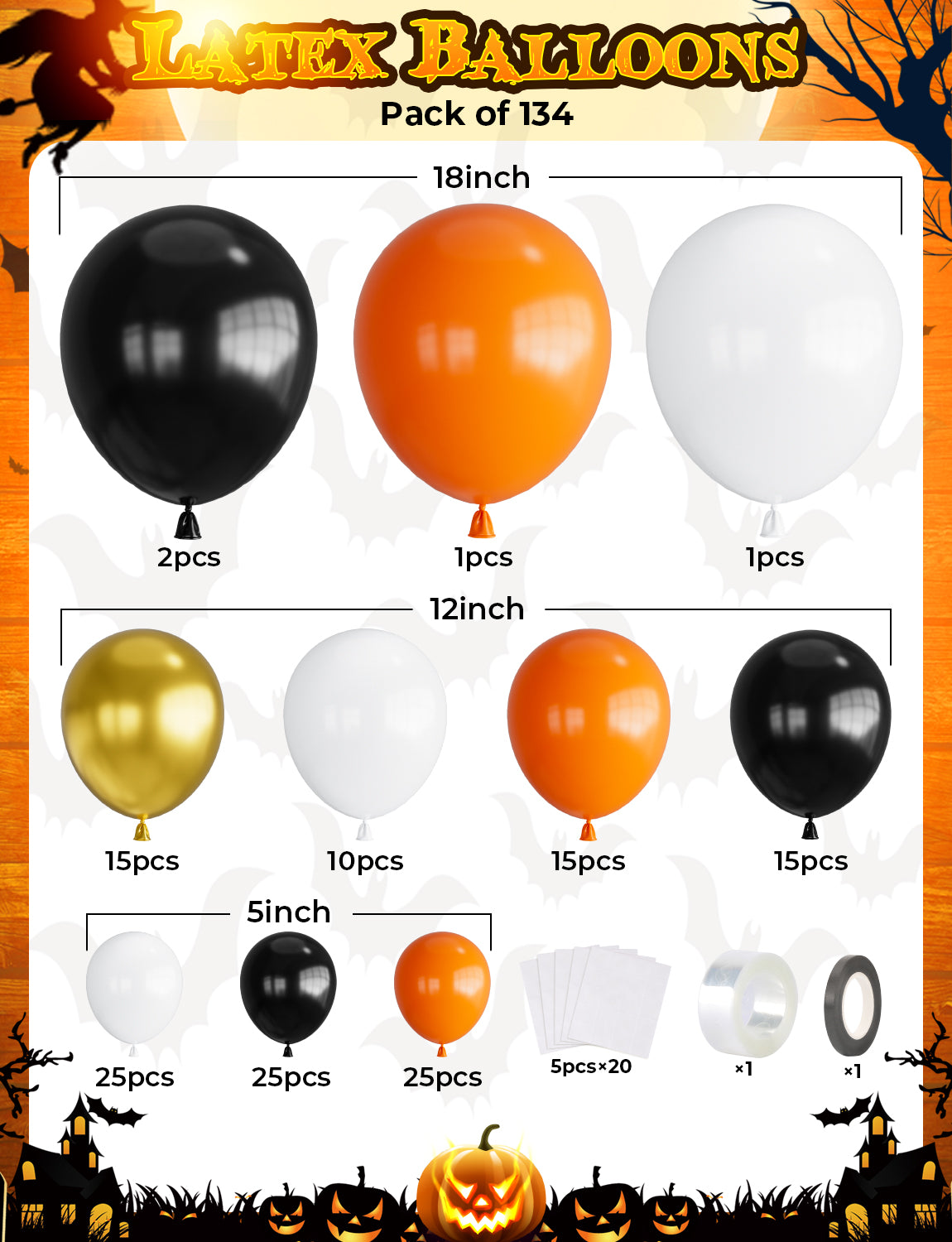 Haolongfa Orange and Black White Gold Balloons Garland Arch Kit,134pcs Halloween Orange and Black Balloons Different Sizes 18/12/5 Inch,Halloween Balloons for Halloween,Birthday,Party Decorations