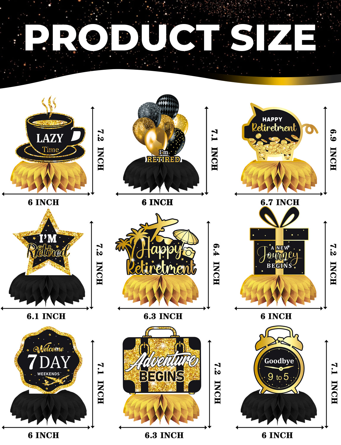 Retirement Party Table Decorations – 9PCS Black and Gold Retirement Centerpieces for Table, Happy Retirement Party Decorations for Office, Men and Women Farewell Decor