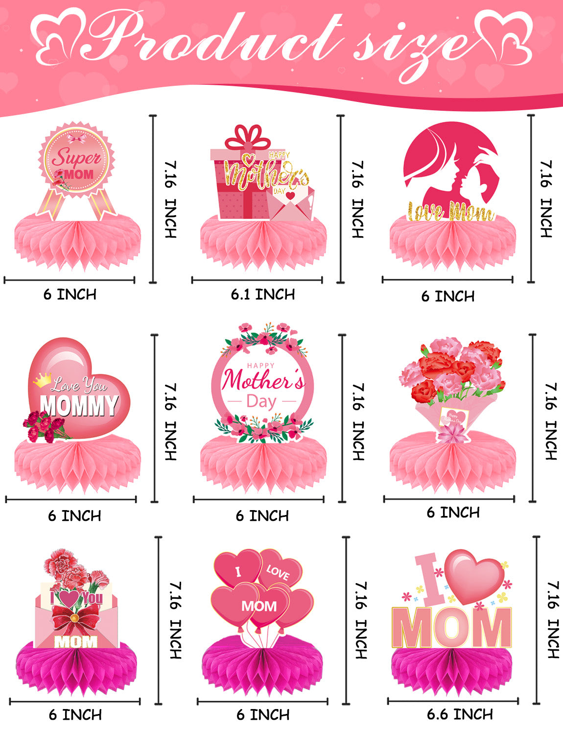 Mothers Day Table Decorations, Happy Mothers Day Centerpieces for Table, 9Pcs Pink Super Mom Theme Honycomb Centerpieces, 3D Flowers and Heart Table Toppers, for Mother‘s Party Supplies