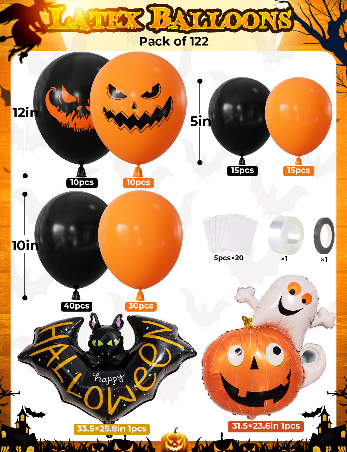 Halloween Balloon Garland Arch Kit, 122 Pcs Orange and Black Printed Latex Balloons with Pumpkin Bat Foil Balloons for Halloween Birthday Party Decor Indoor Outdoor