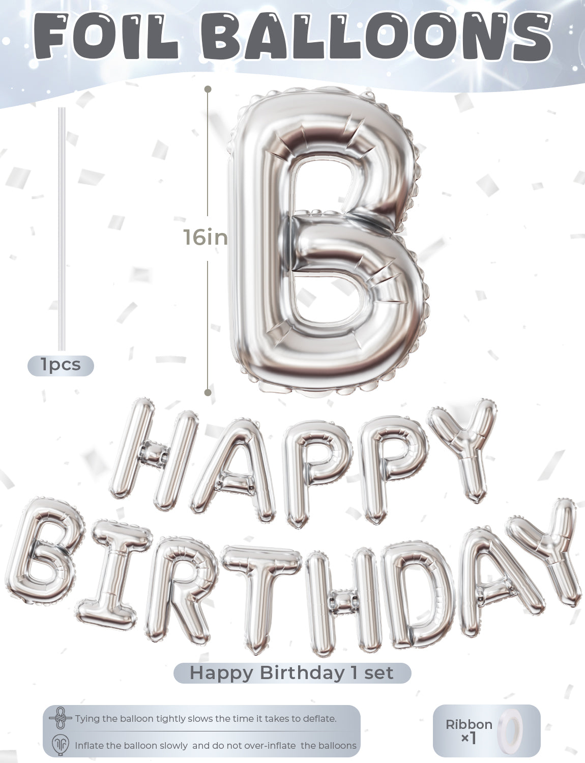 Haolongfa Happy Birthday Balloon Banner, 16 Inch Sliver Happy Birthday Foil Balloons, Sliver Hbd Balloons Letter Mylar Balloon, Birthday Sign Party Decorations for Women Men Boys Girls