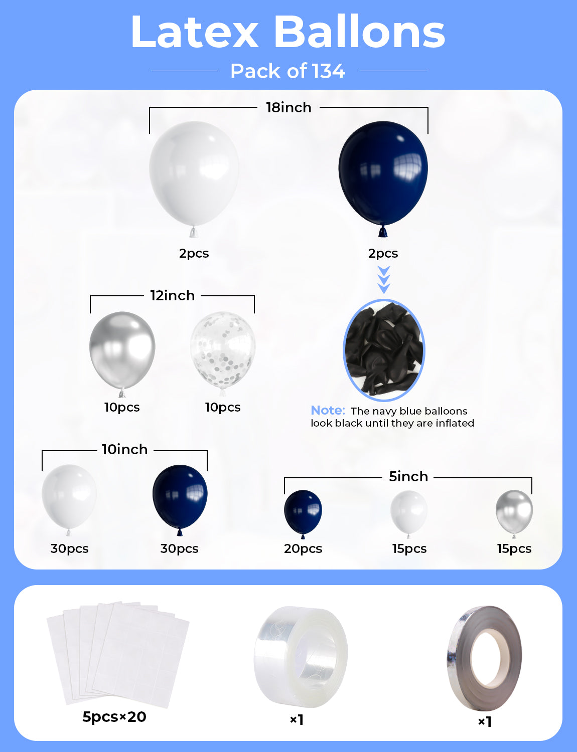 Haolongfa Navy Blue Silver Balloons Garland Arch Kit,134pcs 18/12/10/5 Inch Navy Blue White Silver Confetti Balloons for Graduation Birthday Baby Shower Anniversary Wedding Prom Party