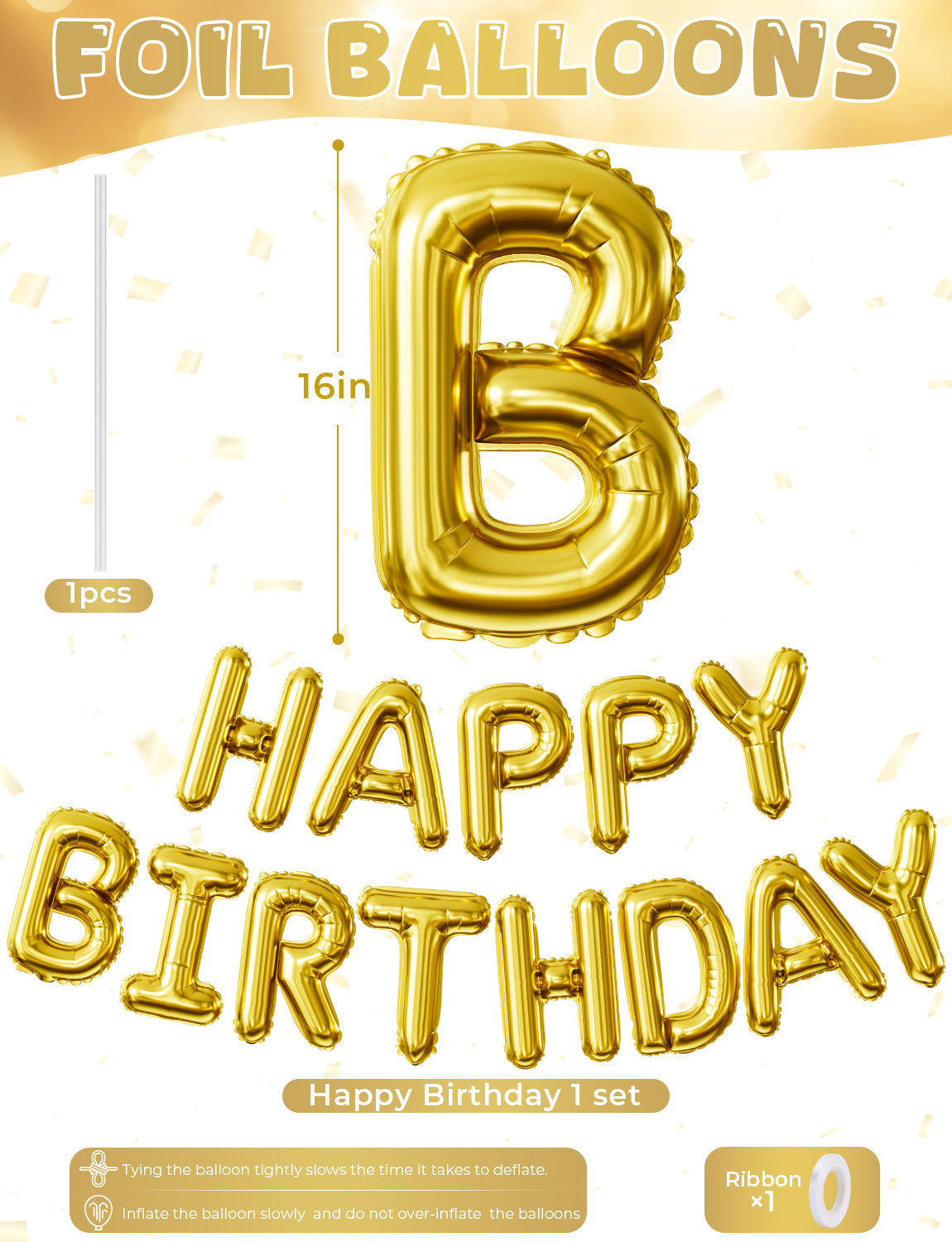 Haolongfa Happy Birthday Balloon Banner, 16 Inch Gold Happy Birthday Foil Balloons, Gold Hbd Balloons Letter Mylar Balloon, Birthday Sign Party Decorations for Women Men Boys Girls