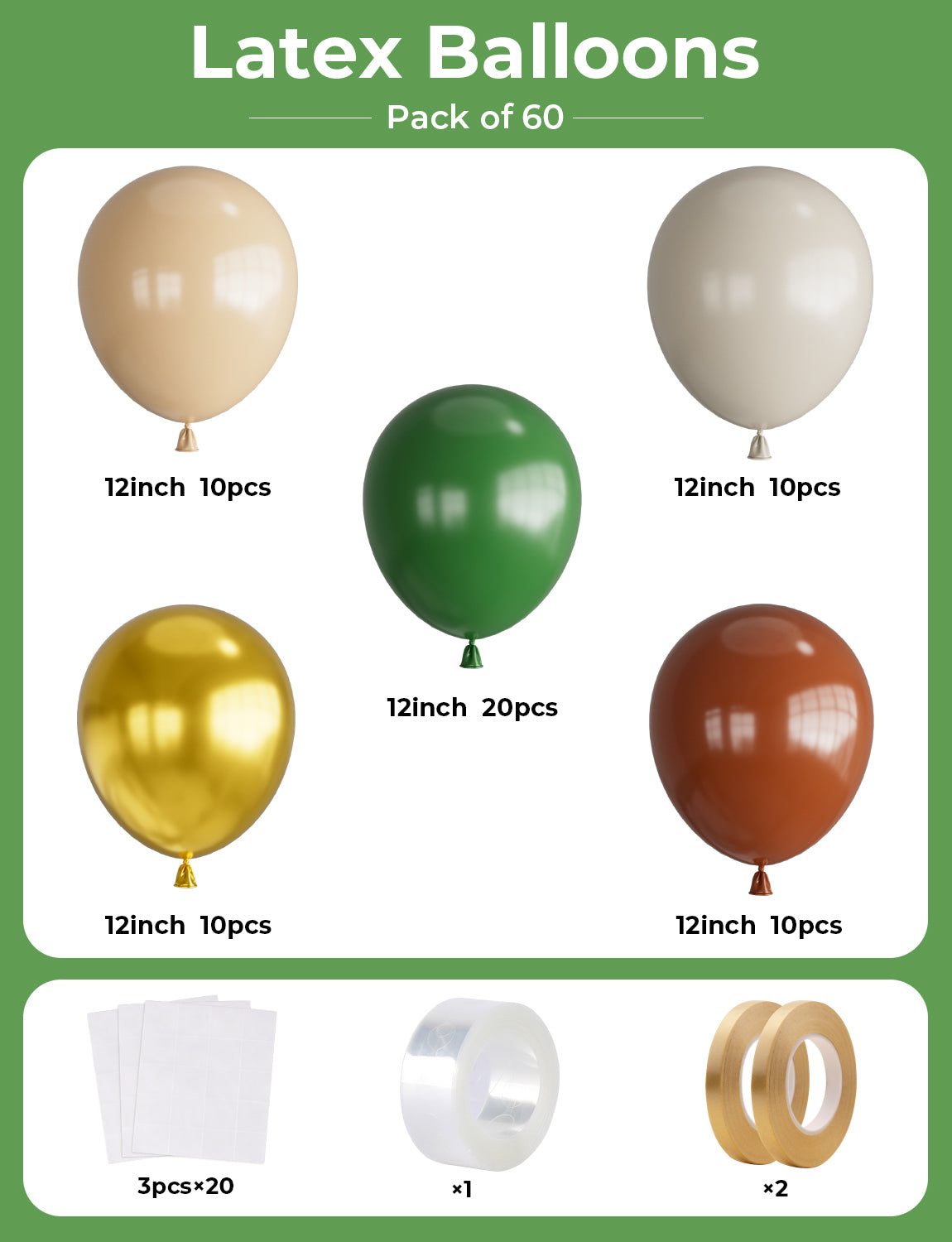 Haolongfa Green and Brown Balloons,12 Inch 60Pcs Sage Green Brown Balloons with Gold,Cream,Nude Balloons,Olive Green Jungle Safari Woodland Forest Balloons For Birthday Baby Shower Party Decorations