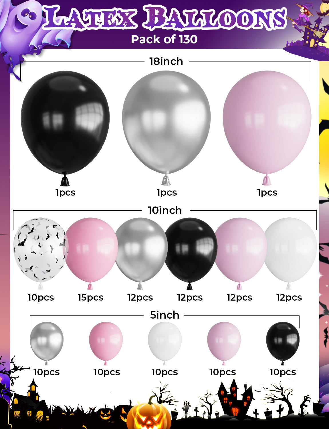 Haolongfa Pink Black Silver Halloween Balloons Garland Arch Kit,130pcs Halloween Balloons With Starburst,Ghost,Bat Foil Balloons for Girl,Birthday,Baby Shower,Spooky One,Halloween Party Decorations
