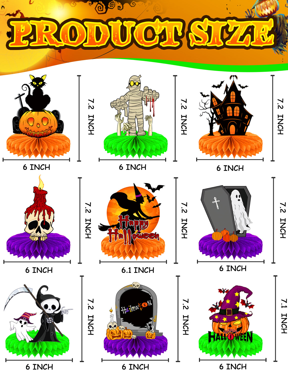 Halloween Table Decorations – 9Pcs Honeycomb Centerpieces for Table Featuring Pumpkin, Ghost, Cat, Castle, Tombstone,Spooky Decor for Kids Birthday and Halloween Party