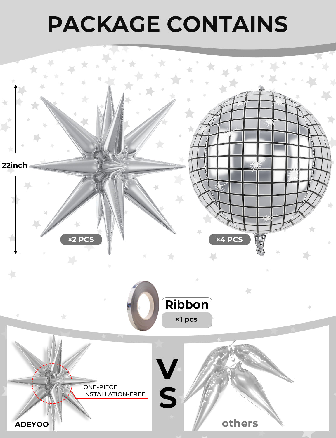 Haolongfa Disco Ball Balloons, 22 Inch Large Silver Foil Balloons Set, Huge Explosion Star Balloons, Bright 4D Mylar Foil Balloons, for Disco Themed Party, 70s 80s 90s Party Decorations,Birthday New Year Christmas Decor-6 Pcs