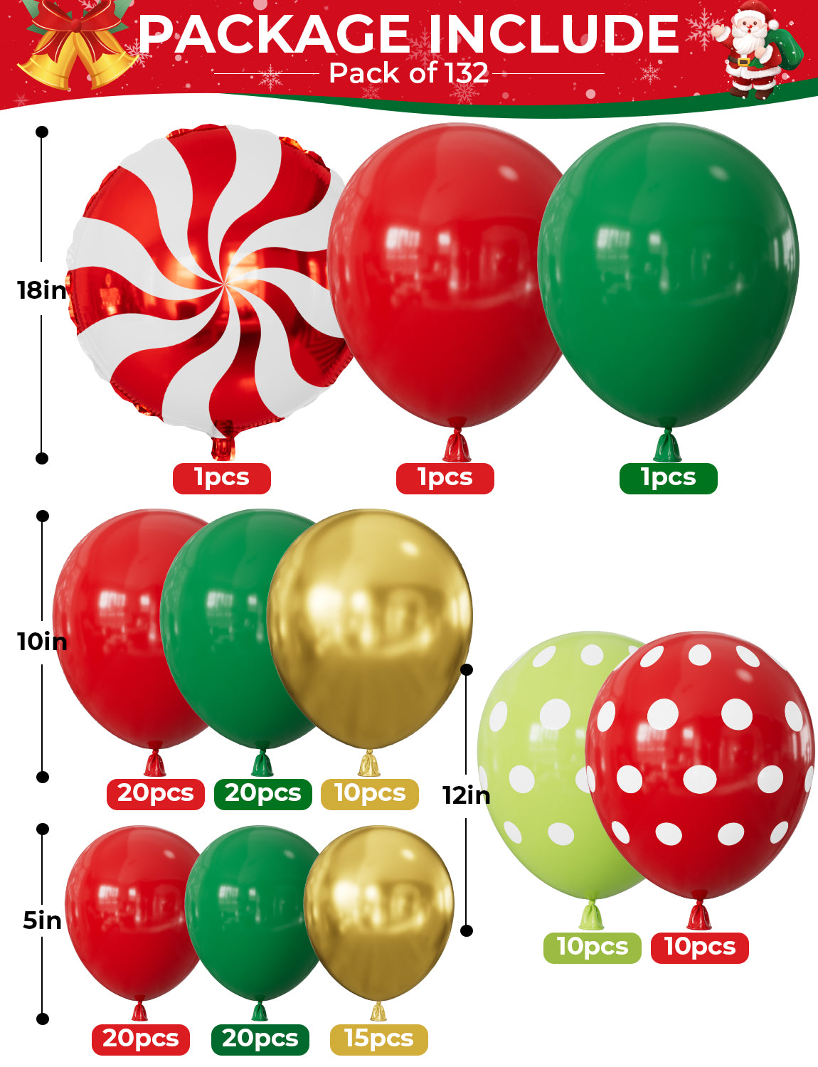 Christmas Balloon Garland Arch Kit, 132PCS Red Green Gold Xmas Balloons with Candy Cane, Wreath, Star, Merry Christmas Foil Balloons for Xmas Decor, Holiday Party Supplies Indoor Outdoor