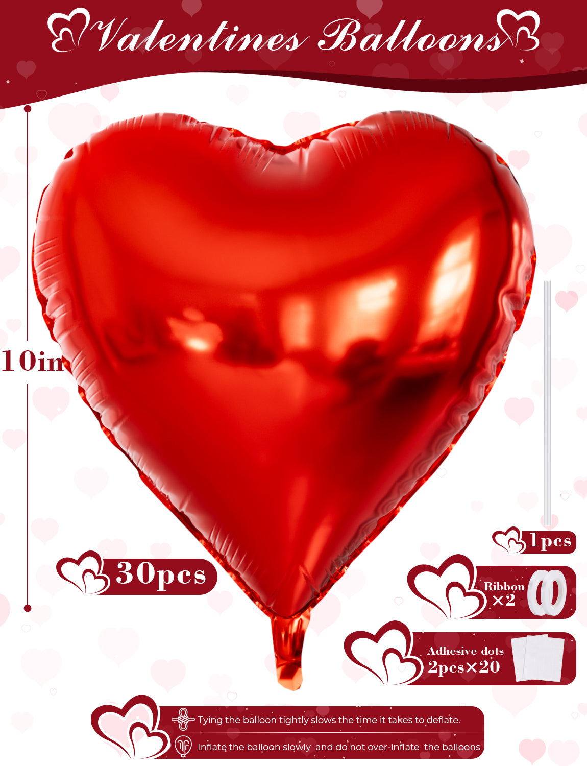 Haolongfa Valentine Balloons, 10 Inch Red Heart Balloons Kit, 30 Pcs Heart Shaped Balloons Mylar Foil Balloons for Velentines Day Anniversary Wedding Engagement Birthday Party Decorations