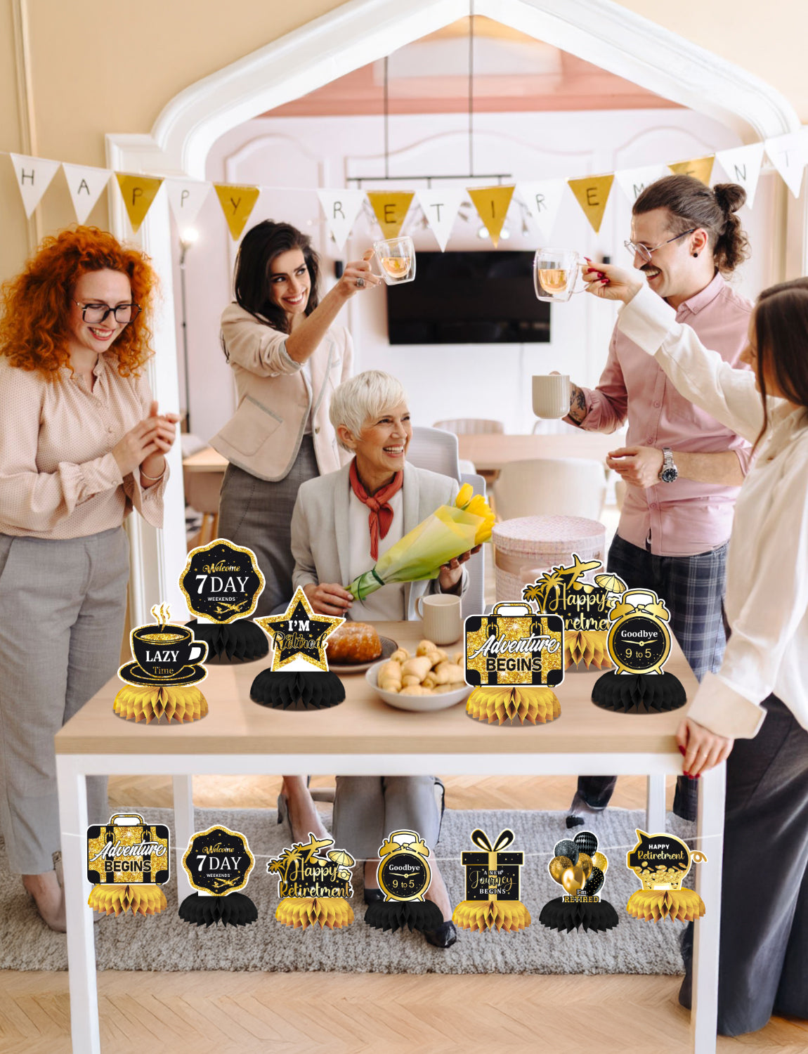 Retirement Party Table Decorations – 9PCS Black and Gold Retirement Centerpieces for Table, Happy Retirement Party Decorations for Office, Men and Women Farewell Decor