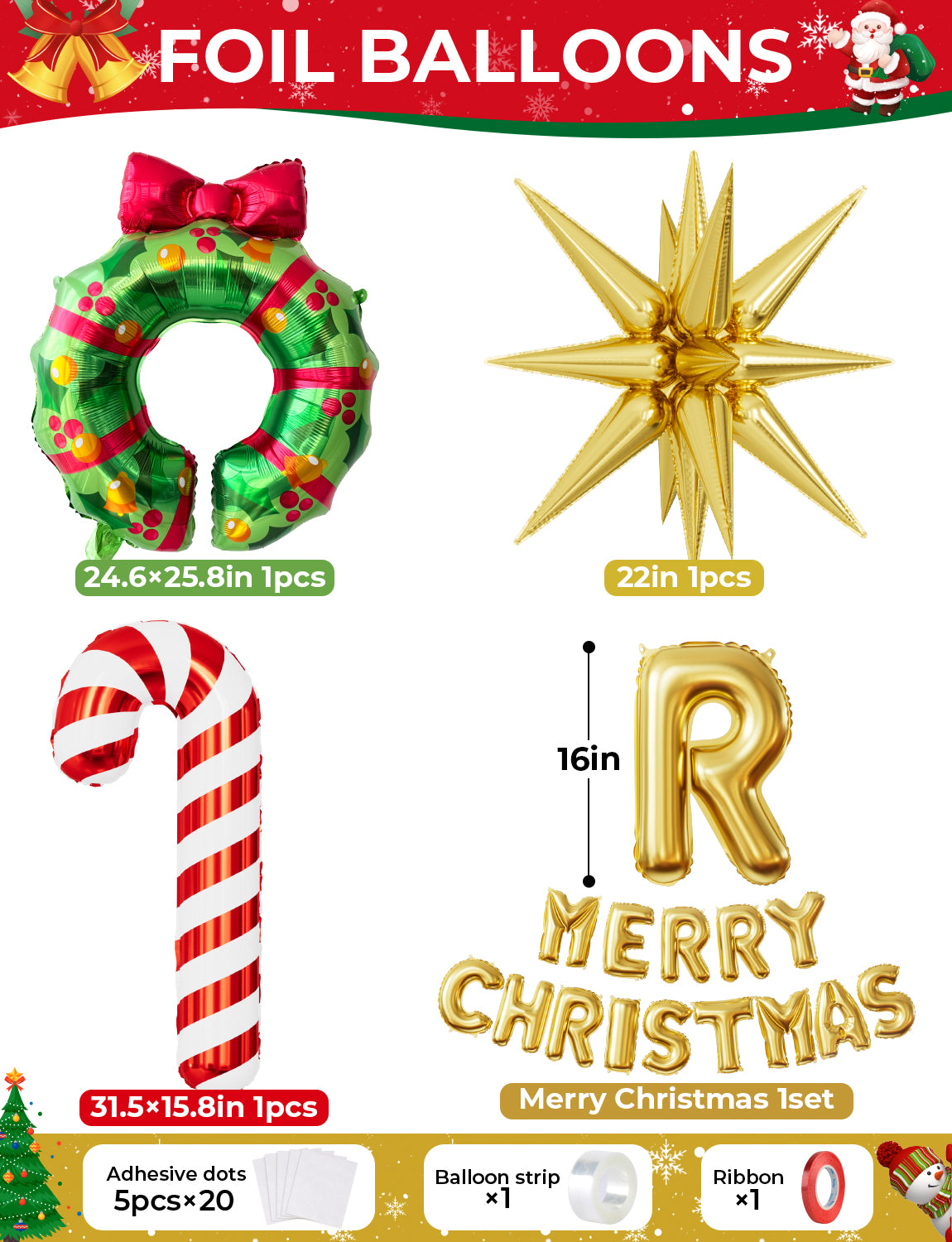 Christmas Balloon Garland Arch Kit, 132PCS Red Green Gold Xmas Balloons with Candy Cane, Wreath, Star, Merry Christmas Foil Balloons for Xmas Decor, Holiday Party Supplies Indoor Outdoor