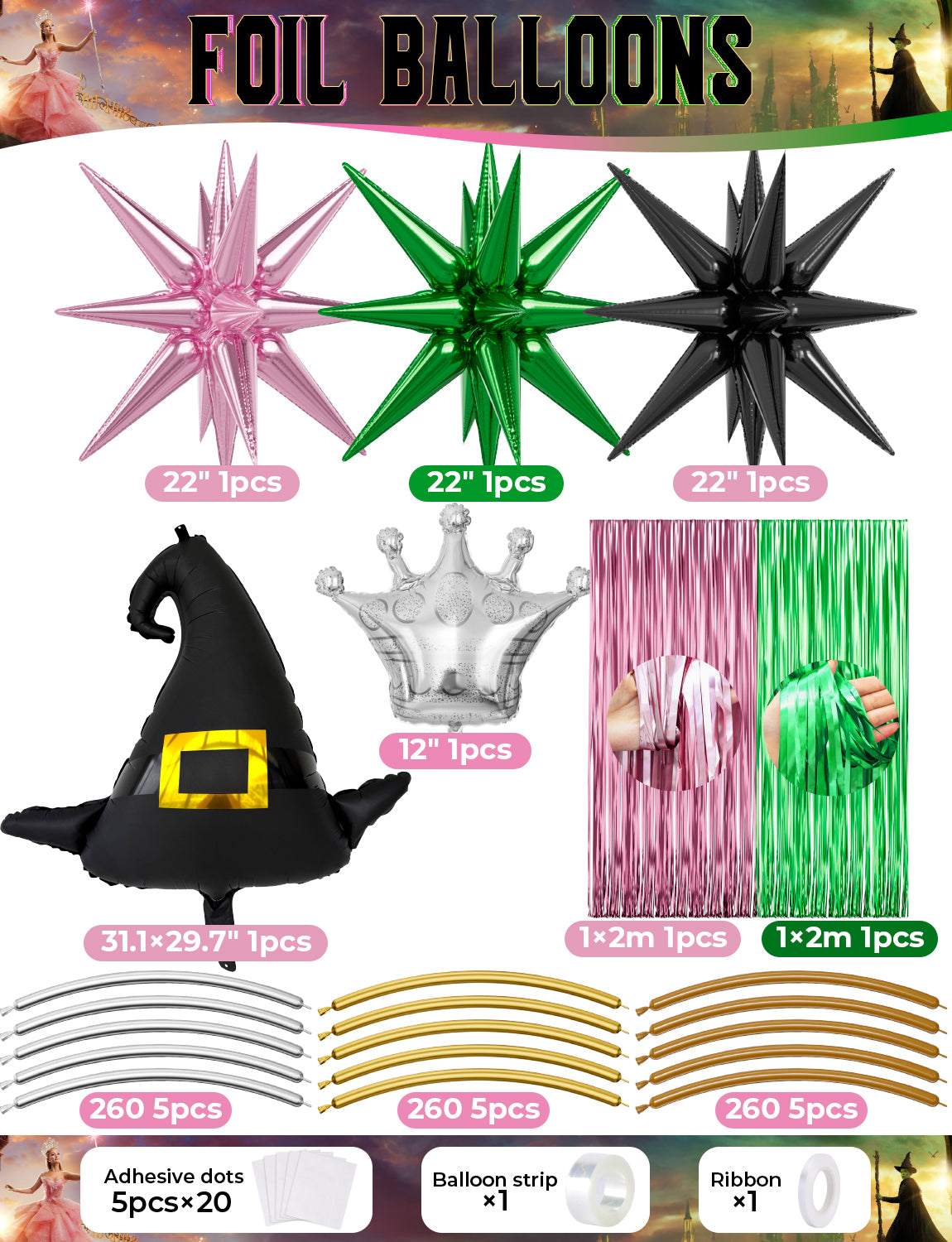 Pink and Green Balloon Garland Arch Kit - Wicked Balloon Arch Kit, Pink Green Balloons and Foil Fringe Curtains, Witch Hat Crown Exploding Star Broom Balloons for Birthday,Wicked Themed Party Decor