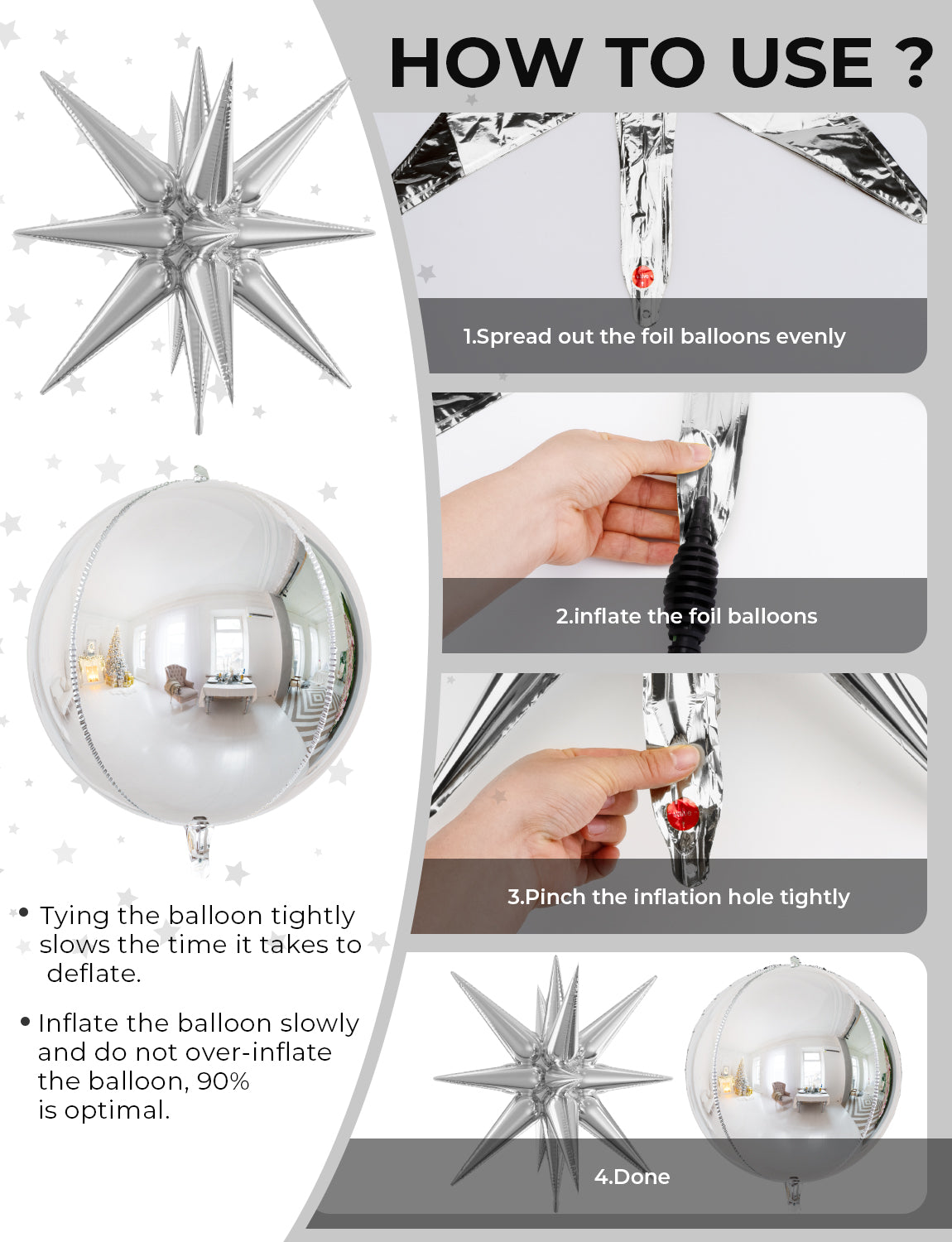 Haolongfa Silver Foil Balloons-22 Inch,4D Round Silver Mylar Balloons, Explosion Star Balloons, Metallic Silver Balloons for Birthday Party, Christmas Party Decor, Happy New Year Decor 6 Pcs