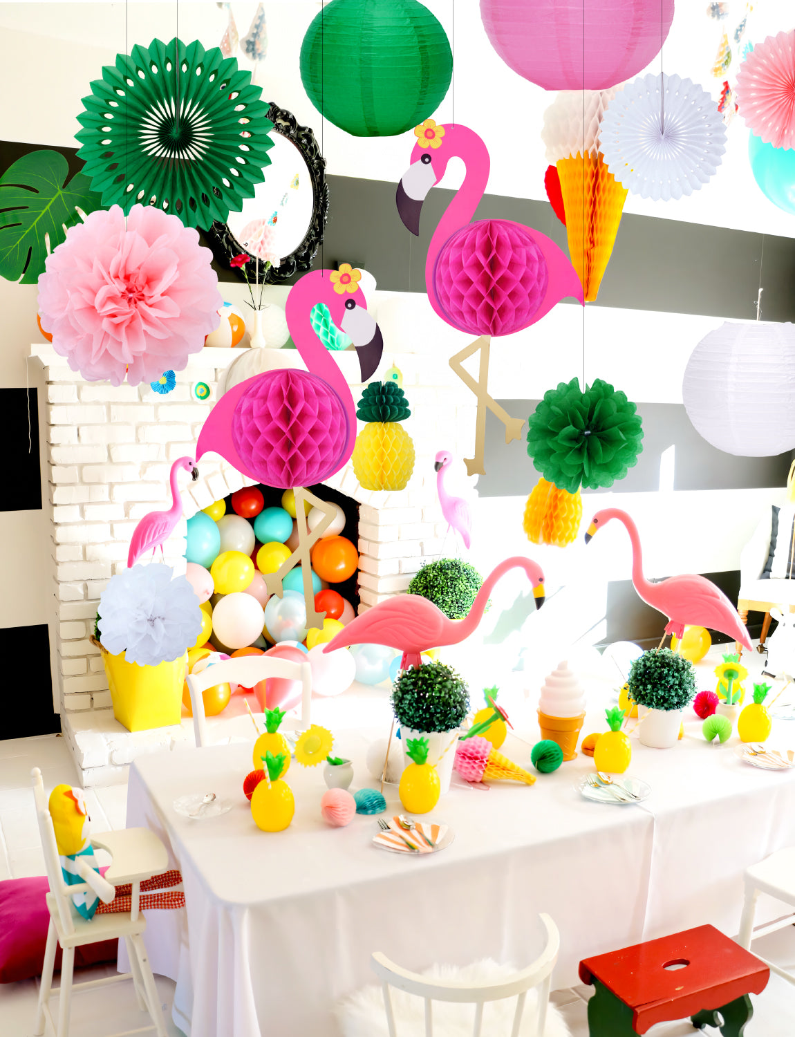 Flamingo Party Decorations, 16 Pcs Hawaiian Party Hanging Decor, Pink Flamingo and Pineapple Honeycomb Balls, Palm Leaves, Paper Fans, Paper Lanterns, Poms Flowers,for Summer Luau Tropical Beach Party