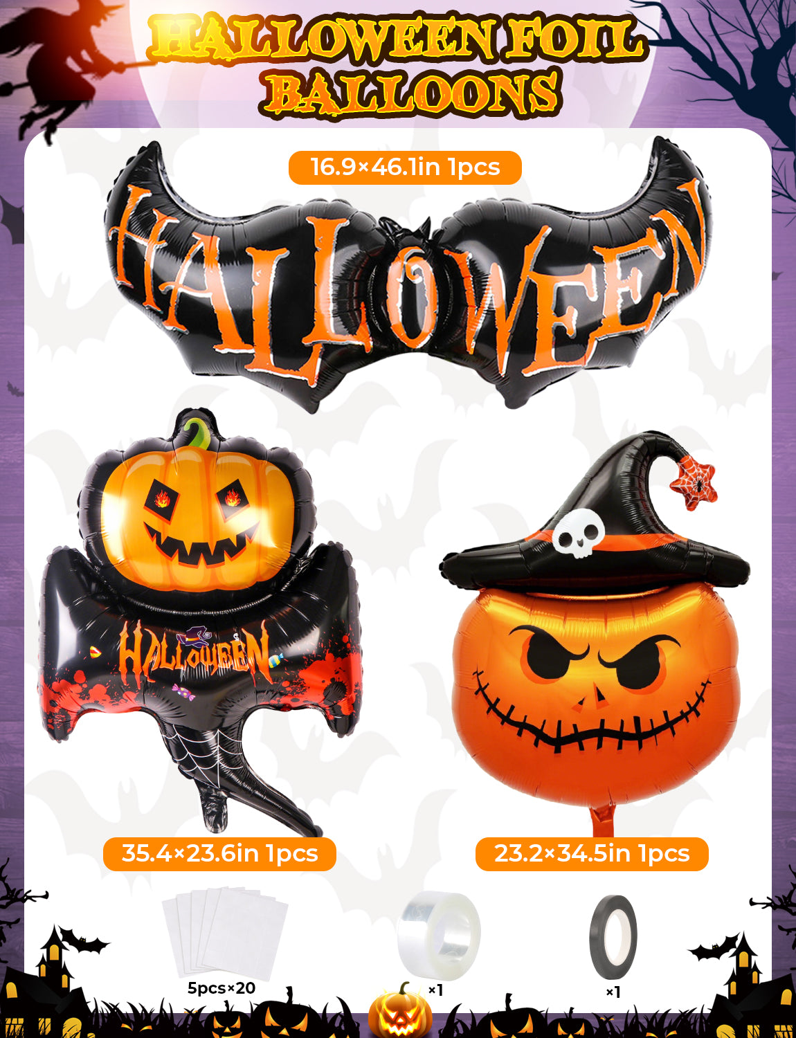 Halloween Balloon Garland Arch Kit, 113PCS Purple Black Latex Balloons with Bobo Balloon, Pumpkin Bat Ghost Foil Balloons and PVC Bat for Halloween Birthday Party Decorations Indoor Outdoor