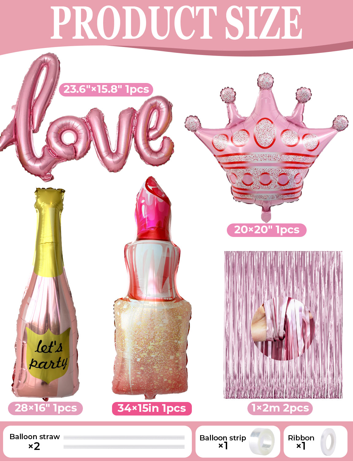 Pink Happy Birthday Decorations for Women and Girls – Pink and Silver Balloons, Happy Birthday Banner, Foil Crown Love Balloons with Fringe Curtain for Birthday Party Supplies