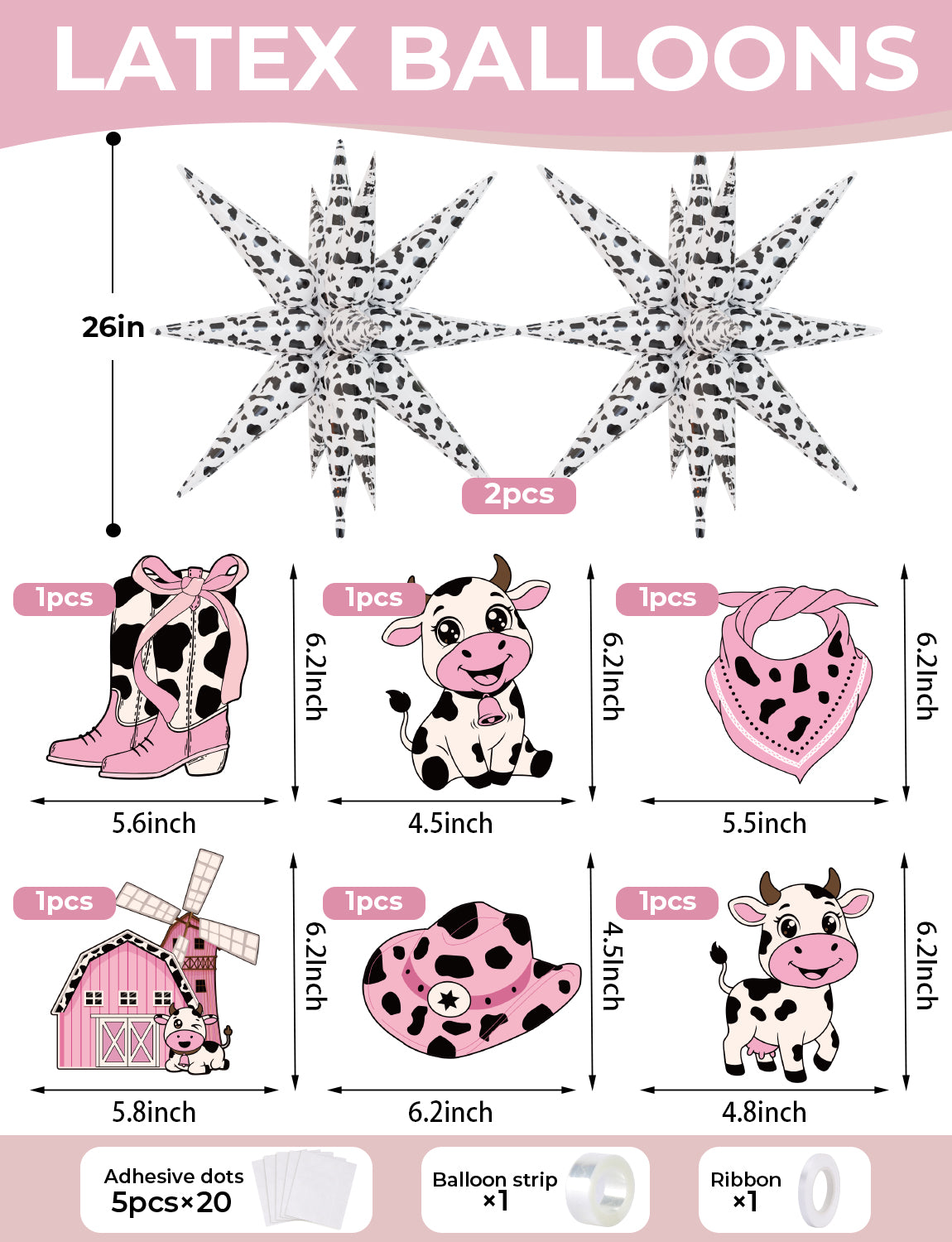 Cowgirl Balloon Arch Kit with Cow Print Balloons for Cowgirl Party Decor | Pink and White Balloons, Cow Cutouts, Cowprint Star Foil Balloons, Western Theme Party Decor for Cowgirl Baby Shower Birthday