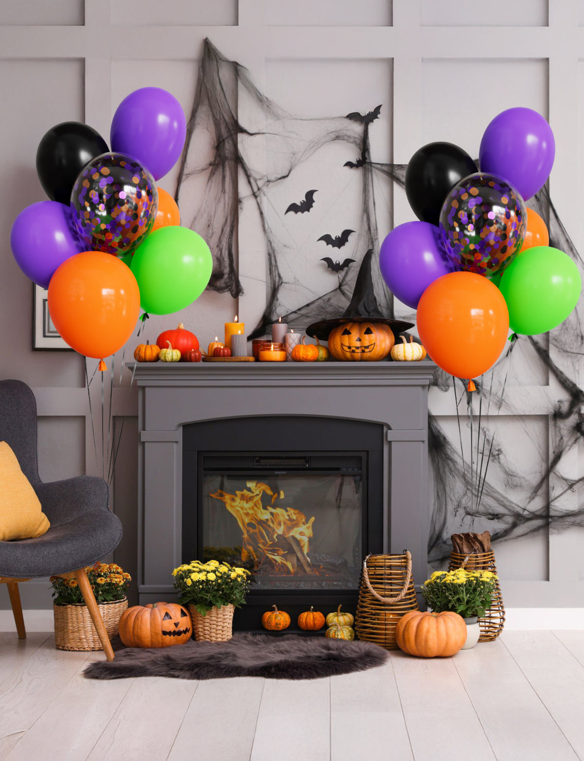 Halloween Balloons, 50 Pcs 12 Inch Black Orange Green Purple Confetti Latex Balloons, for Kids Birthday, Haunted House, Spooky Theme, Halloween Party Decorations