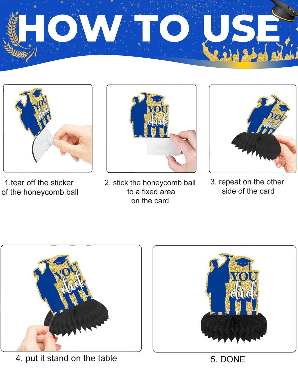 Graduation Centerpieces for Tables, 9Pcs Graduation Table Decorations, 3D Royal Blue Congrats Grad Honeycomb Centerpieces Table Toppers, Photo Props for Class of 2025 Grad Party Favors