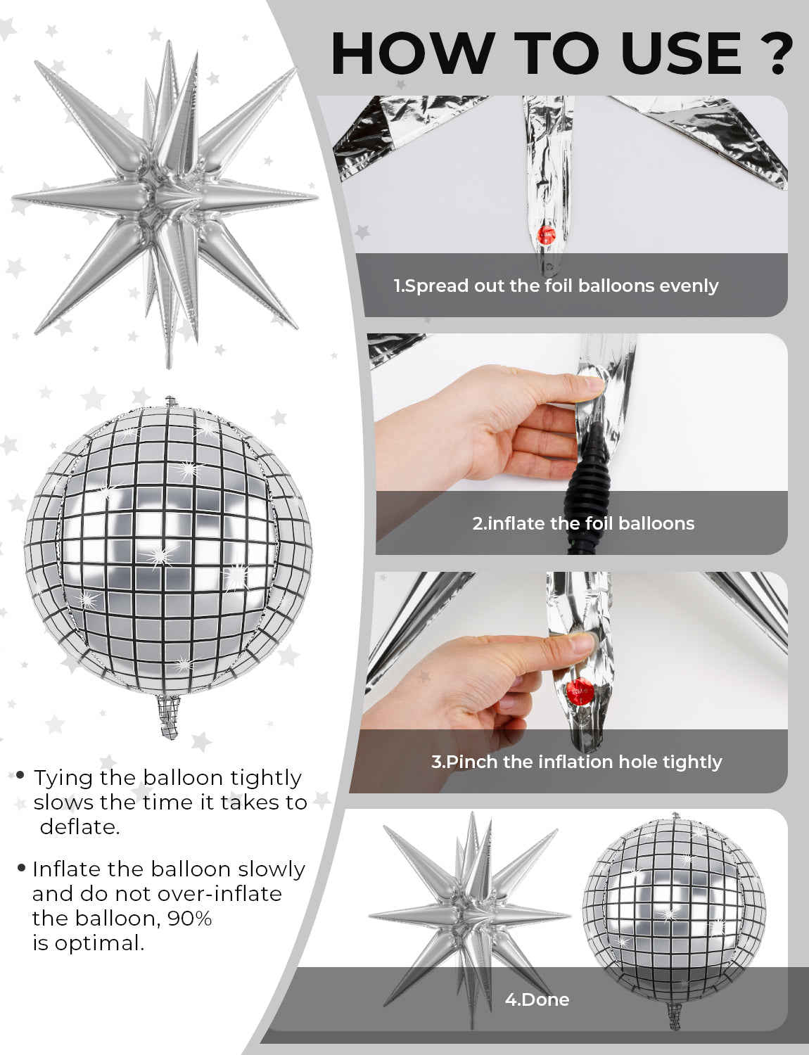 Haolongfa Disco Ball Balloons, 22 Inch Large Silver Foil Balloons Set, Huge Explosion Star Balloons, Bright 4D Mylar Foil Balloons, for Disco Themed Party, 70s 80s 90s Party Decorations,Birthday New Year Christmas Decor-6 Pcs