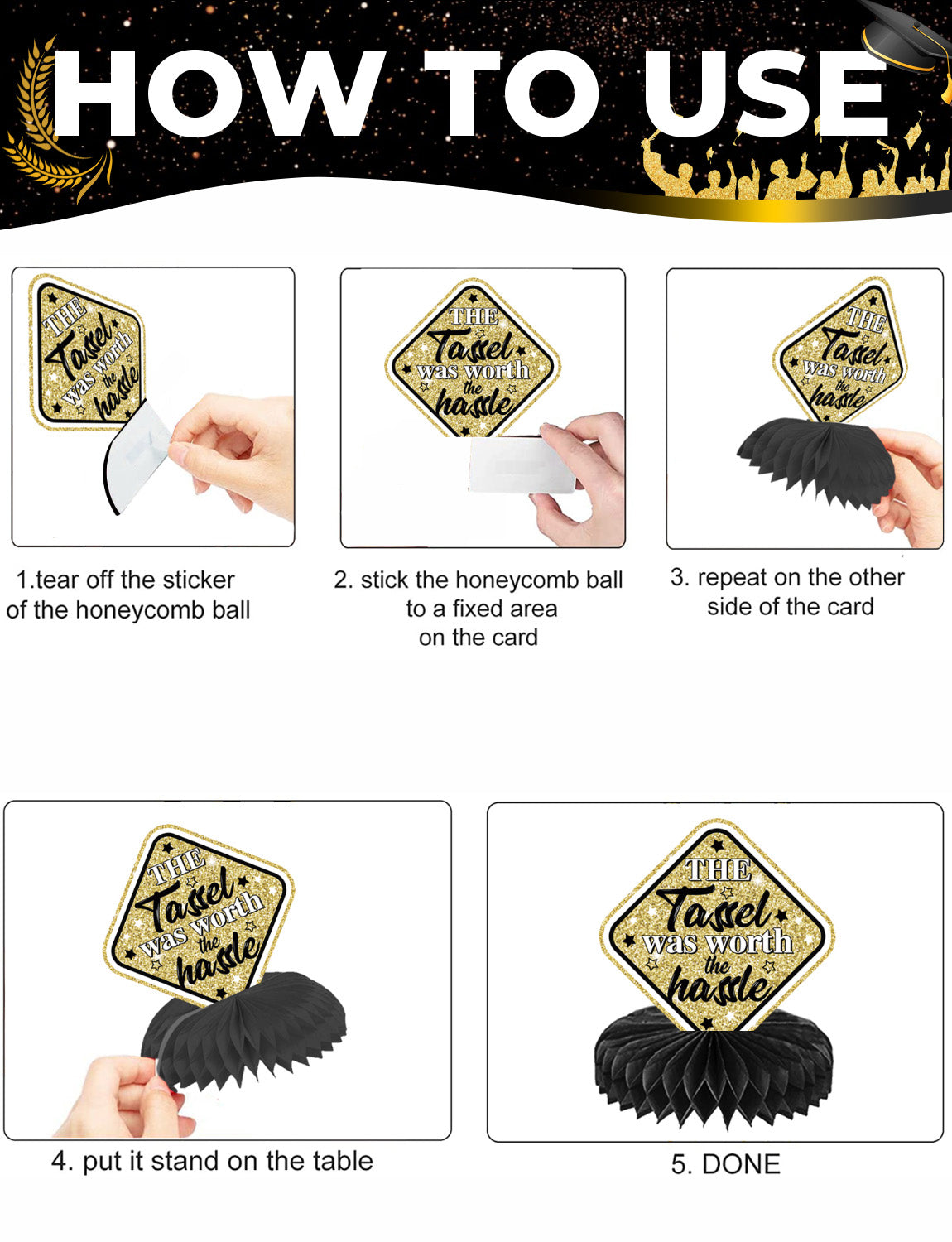 9Pcs Graduation Table Decorations 2025, Graduation Centerpieces for Tables, Black and Gold Honeycomb Centerpieces, 3D Congrats Grad Table Toppers for Class of 2025 Grad Party Decorations