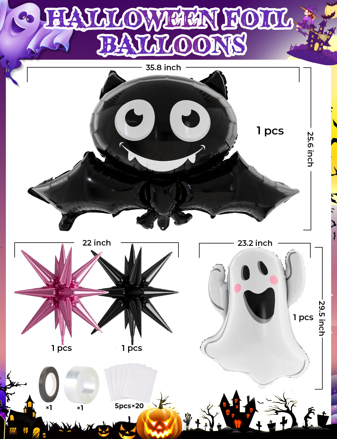 Haolongfa Pink Black Silver Halloween Balloons Garland Arch Kit,130pcs Halloween Balloons With Starburst,Ghost,Bat Foil Balloons for Girl,Birthday,Baby Shower,Spooky One,Halloween Party Decorations