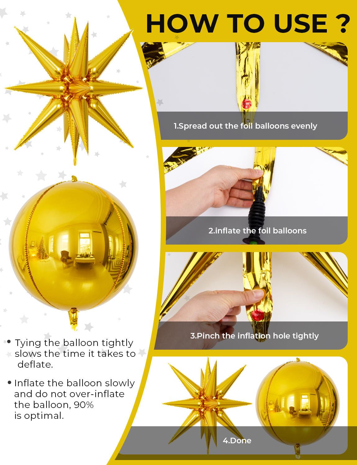 Haolongfa Large Gold Foil Balloons 22 Inch, Big Gold Mylar Balloons Set For Gold Party Decorations,Unique Starburst Balloons, for 70s 80s 90s Theme Disco Party Supplies,Gold New Years Eve Party 6 PCS