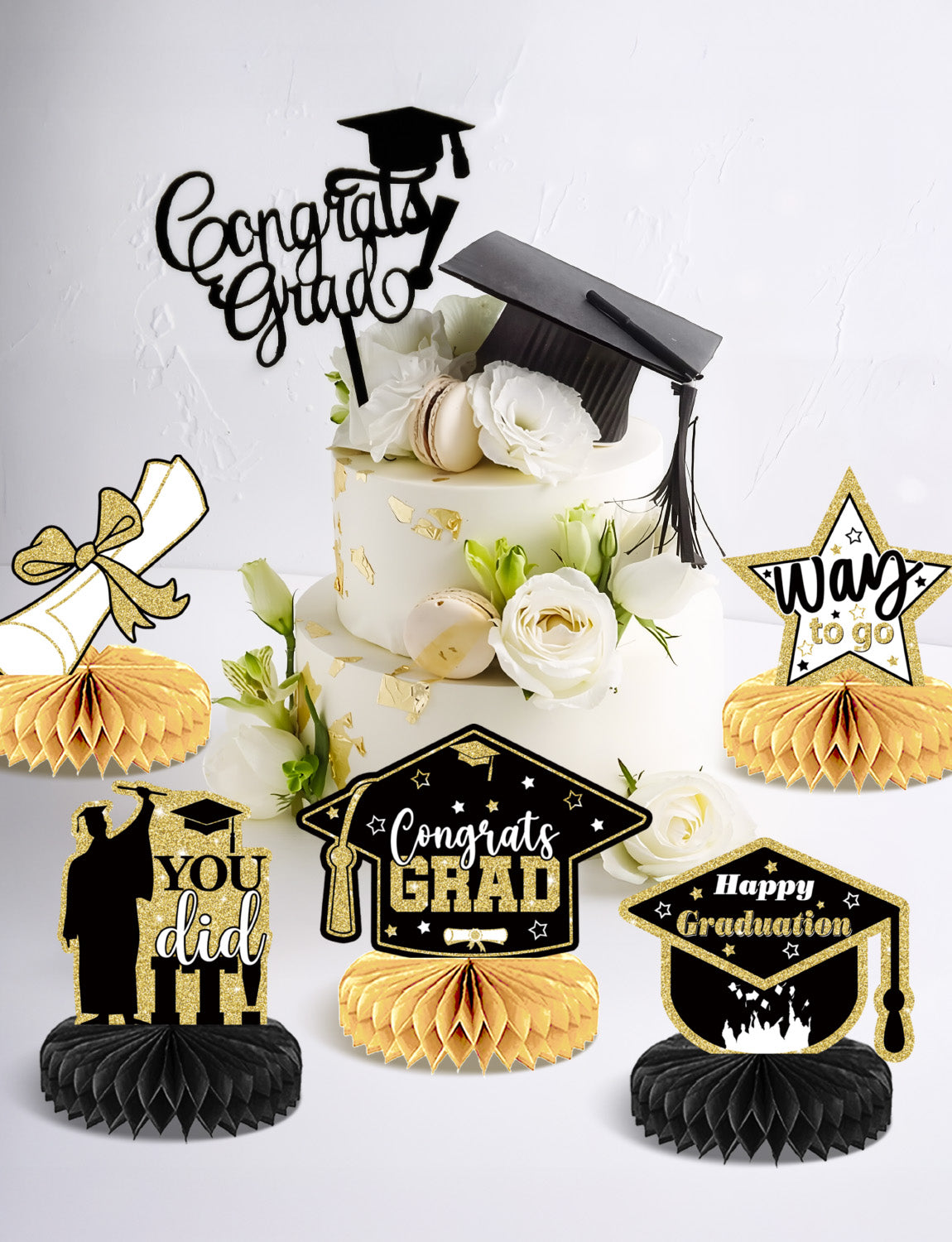 9Pcs Graduation Table Decorations 2025, Graduation Centerpieces for Tables, Black and Gold Honeycomb Centerpieces, 3D Congrats Grad Table Toppers for Class of 2025 Grad Party Decorations