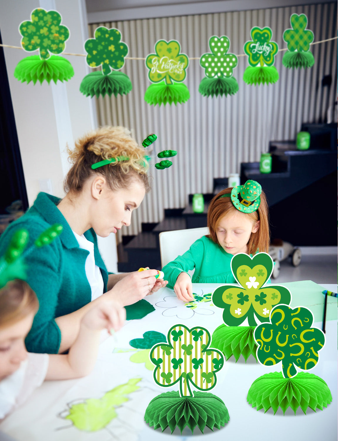 St Patricks Day Table Decorations, 9 Pcs St Patricks Day Honeycomb Centerpieces, 3D Irish Shamrock Centerpieces for Table, Clover Table Topper for St. Patrick's Day Party Favor Supplies