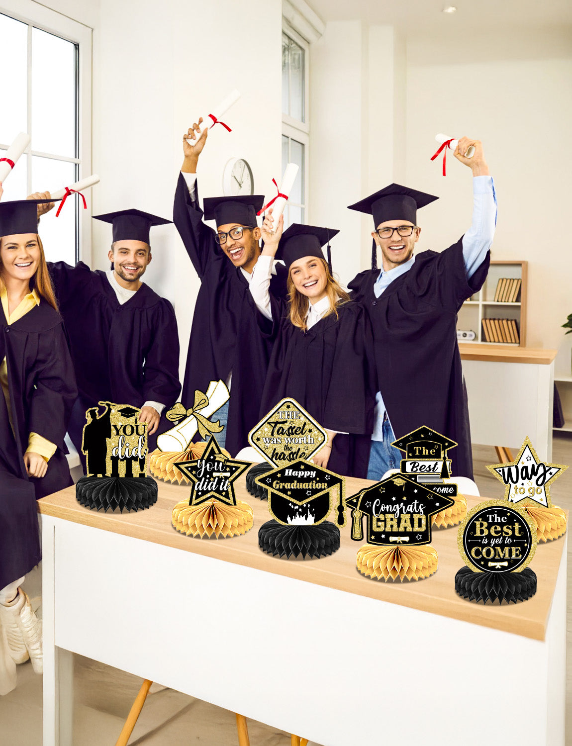 9Pcs Graduation Table Decorations 2025, Graduation Centerpieces for Tables, Black and Gold Honeycomb Centerpieces, 3D Congrats Grad Table Toppers for Class of 2025 Grad Party Decorations