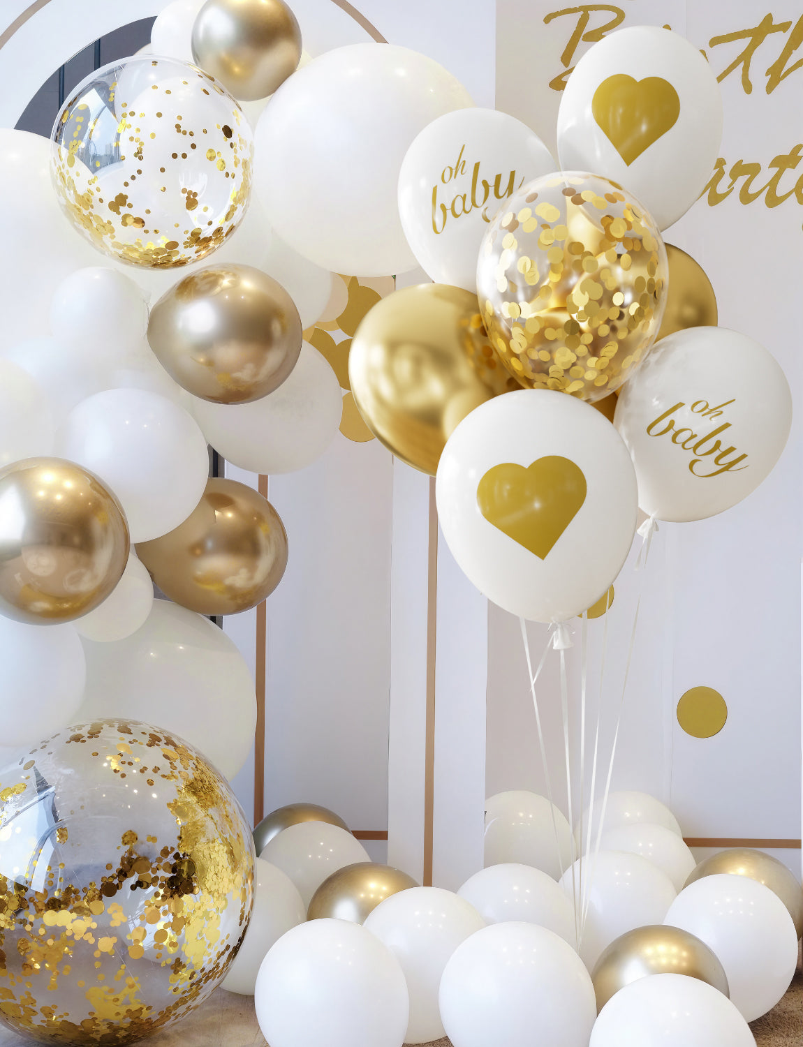 Oh Baby White and Gold Balloons 18pcs Set - 12 Inch Printed Latex Balloons, White Metallic Gold Confetti Balloons for Baby Shower, Gender Reveal, Birthday, Lovely Photo Decorations