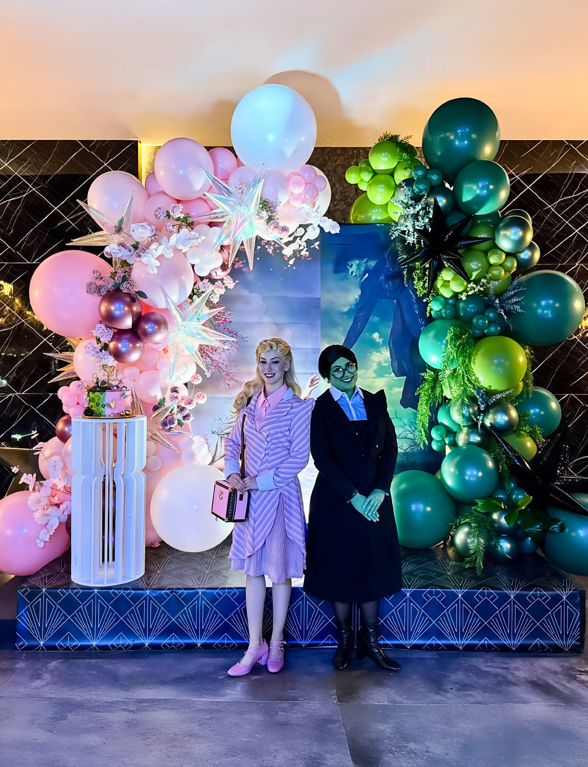 Pink and Green Balloon Garland Arch Kit - Wicked Balloon Arch Kit, Pink Green Balloons and Foil Fringe Curtains, Witch Hat Crown Exploding Star Broom Balloons for Birthday,Wicked Themed Party Decor