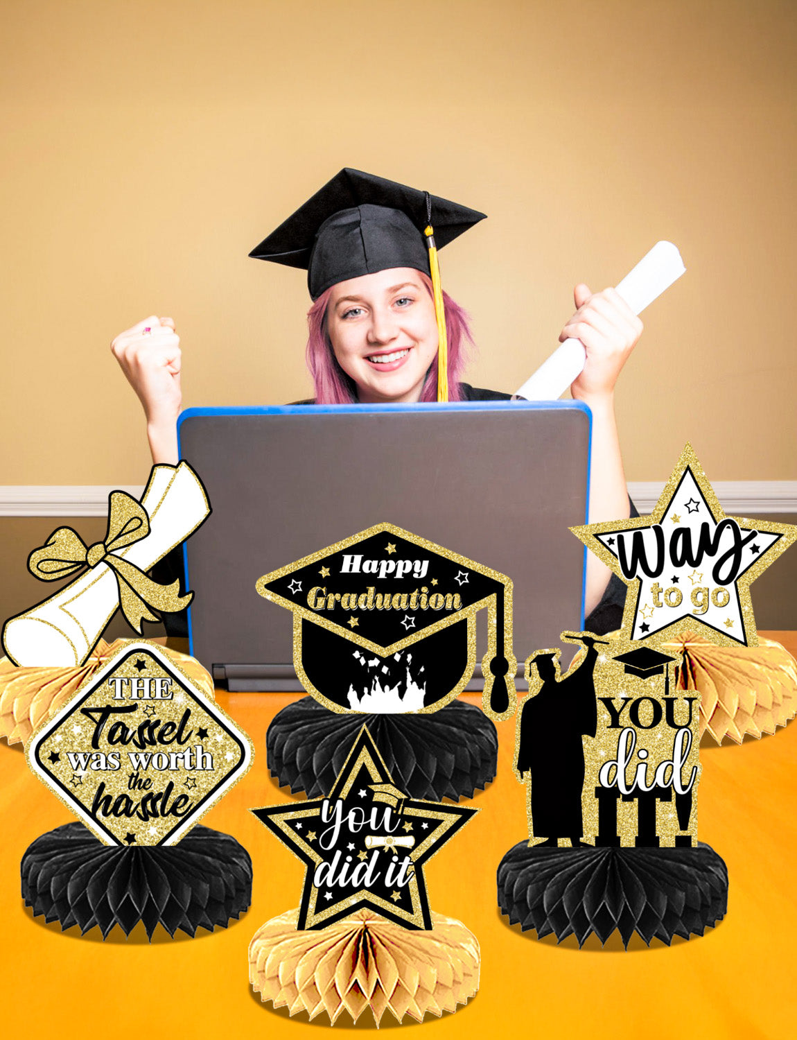 9Pcs Graduation Table Decorations 2025, Graduation Centerpieces for Tables, Black and Gold Honeycomb Centerpieces, 3D Congrats Grad Table Toppers for Class of 2025 Grad Party Decorations